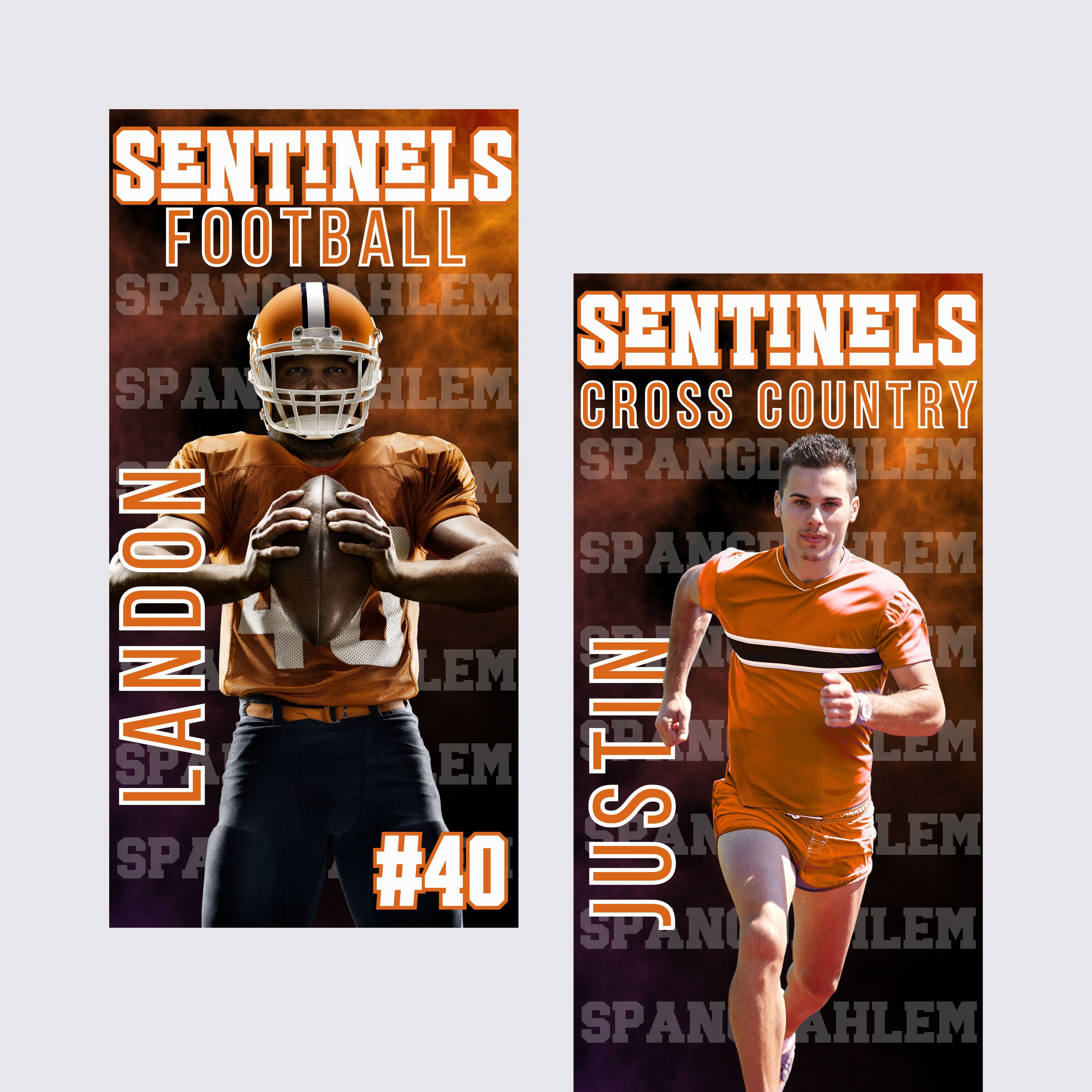Two sports-themed posters for Sentinels Football and Cross Country with athletes and text.