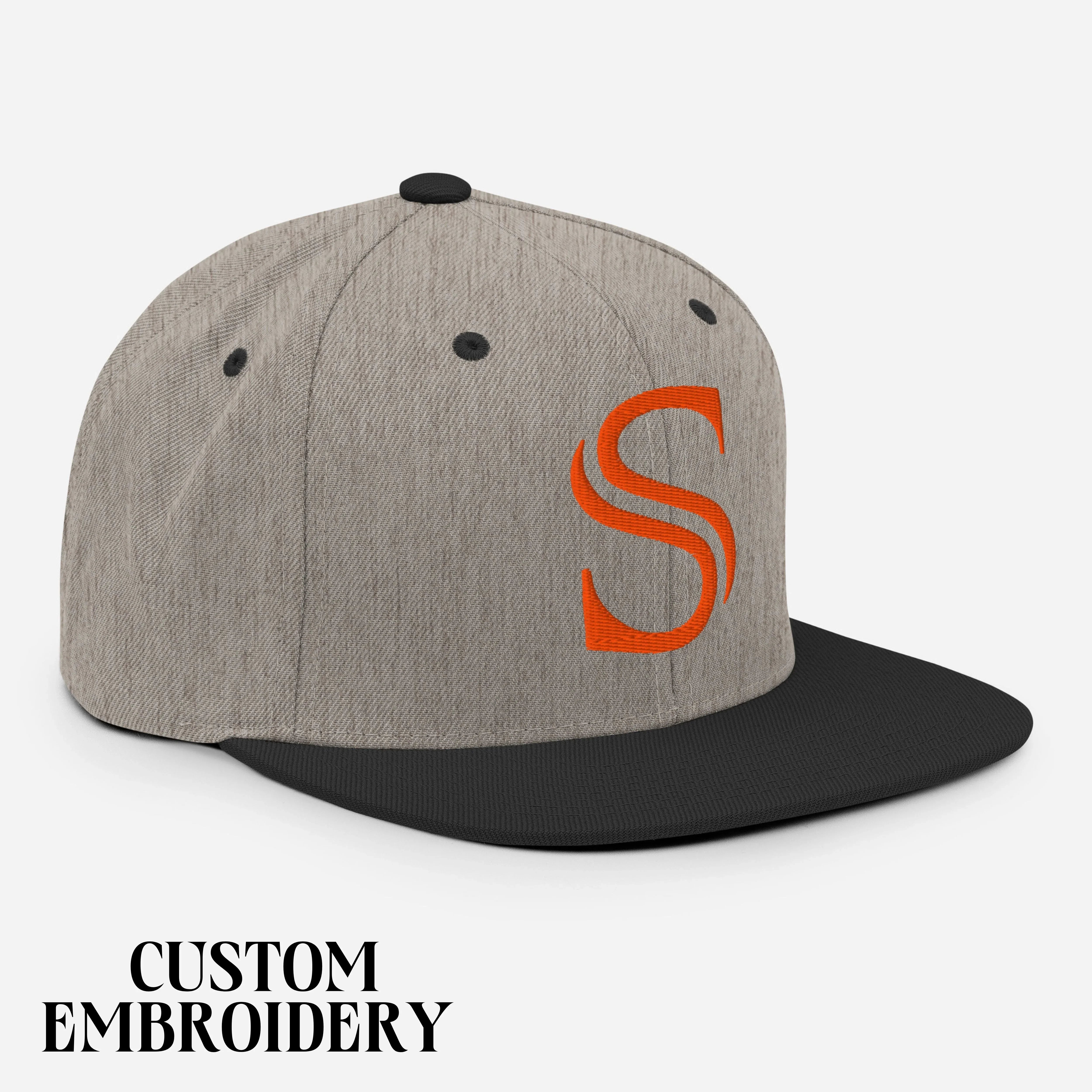 Gray and black snapback hat with orange embroidered S, custom embroidery sports cap
