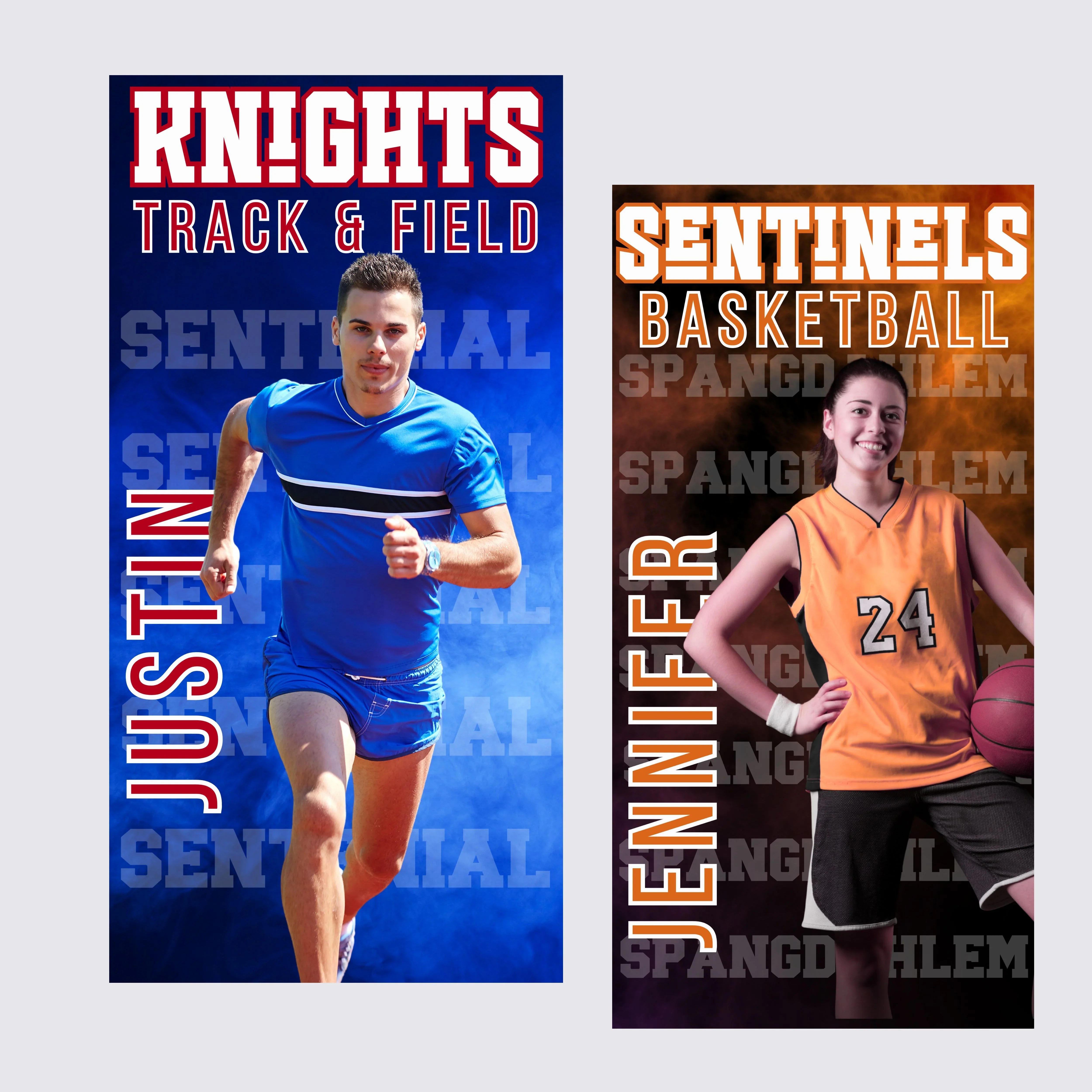 Two sports-themed posters featuring a track and field athlete and a basketball player.