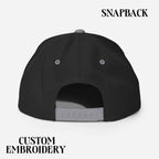 Black snapback hat with adjustable closure, custom embroidery text, rear view