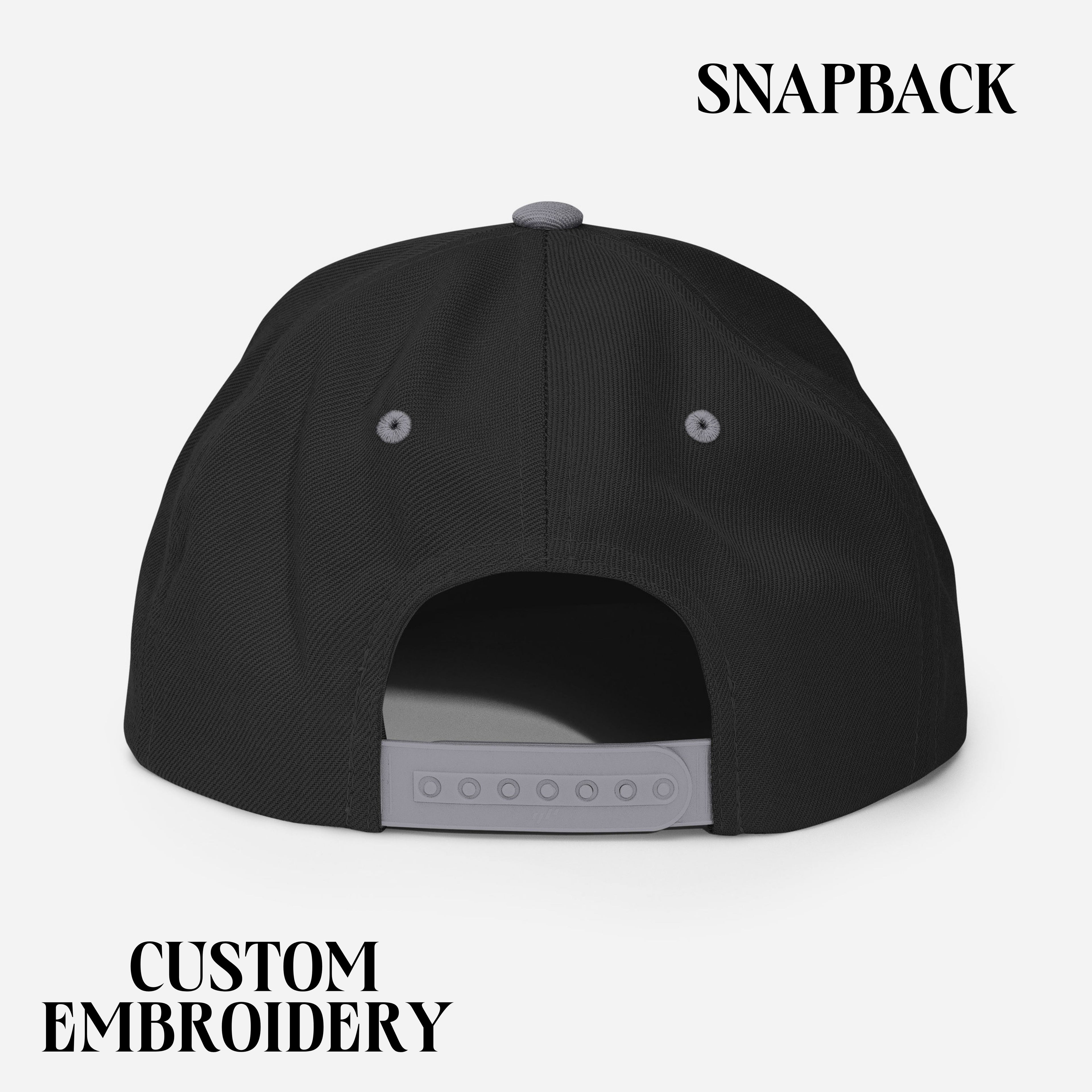 Black snapback hat with adjustable closure, custom embroidery text, rear view