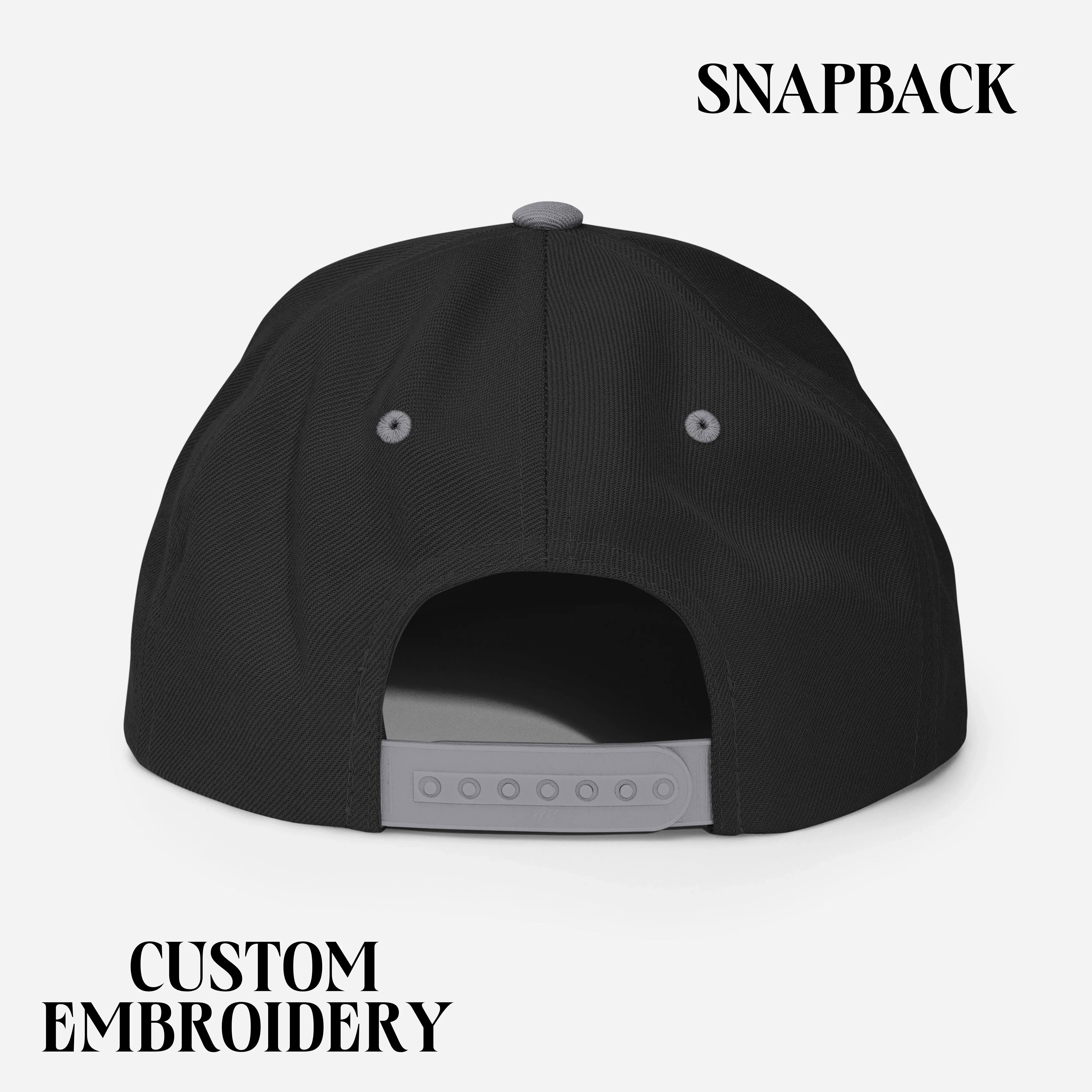 Black snapback hat with adjustable closure, custom embroidery text, rear view