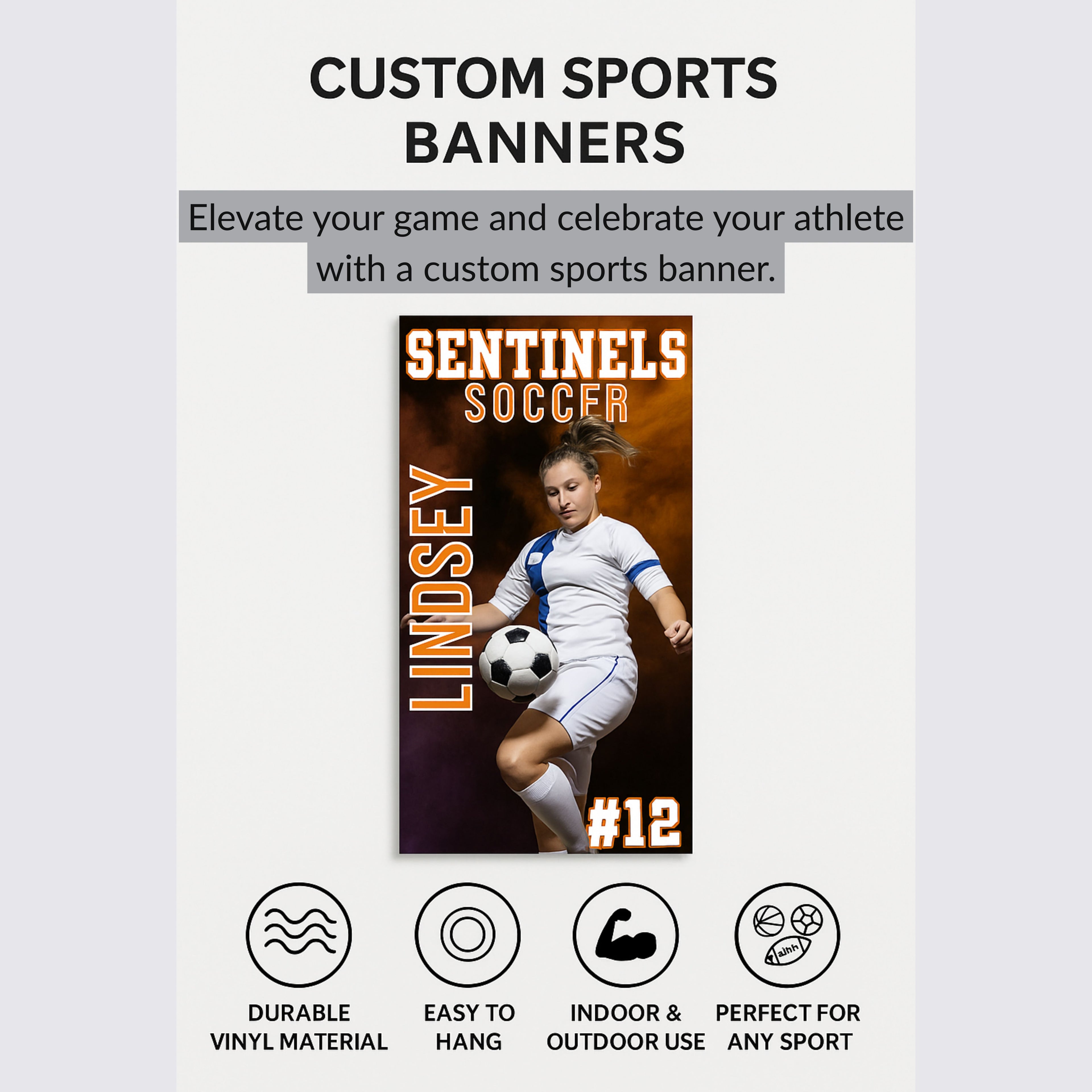 Custom sports banner for Sentinals Soccer featuring a player with the name Lindsey and number 12.
