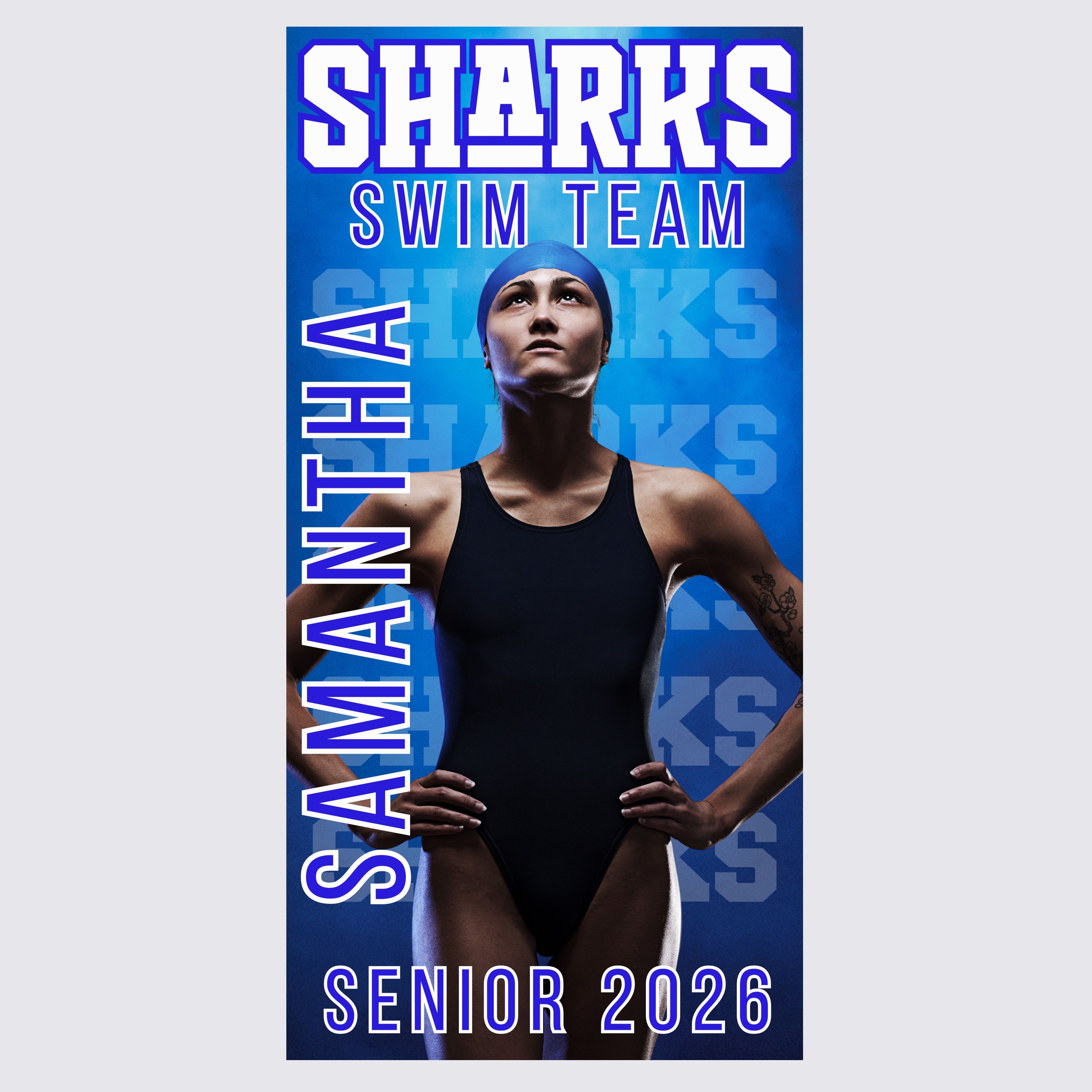 Sharks swim team poster with a swimmer in a black swimsuit on a blue background