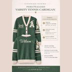 Personalized varsity tennis cardigan in green with custom letter, club name, and floral sleeve design.