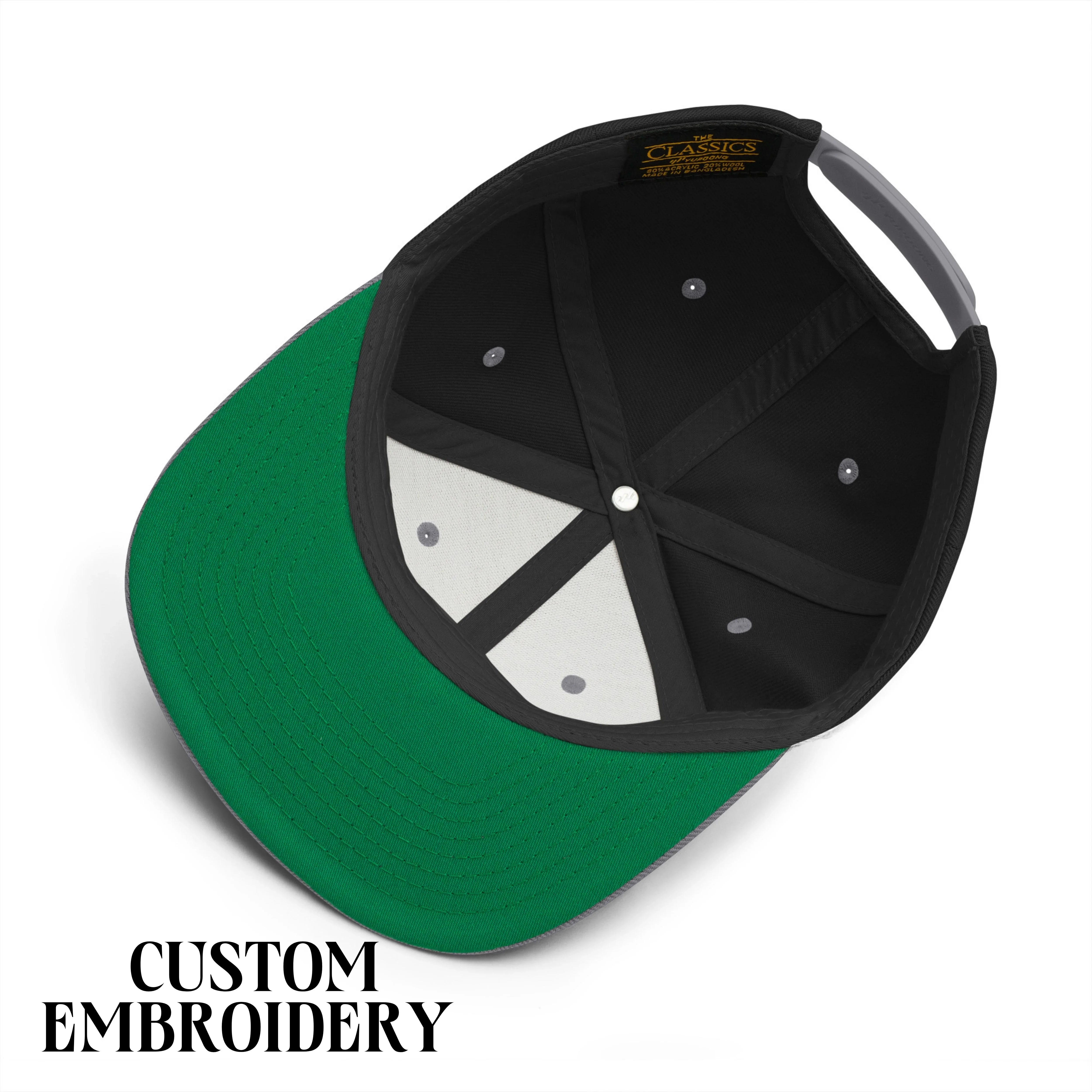 Green and black snapback hat upside down, custom embroidery text, white background