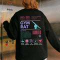 Person wearing a black sweatshirt with 'GYM RAT' design in an elevator.