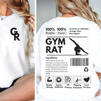 White t-shirt with 'GYM RAT' design on the back, featuring text and graphics.