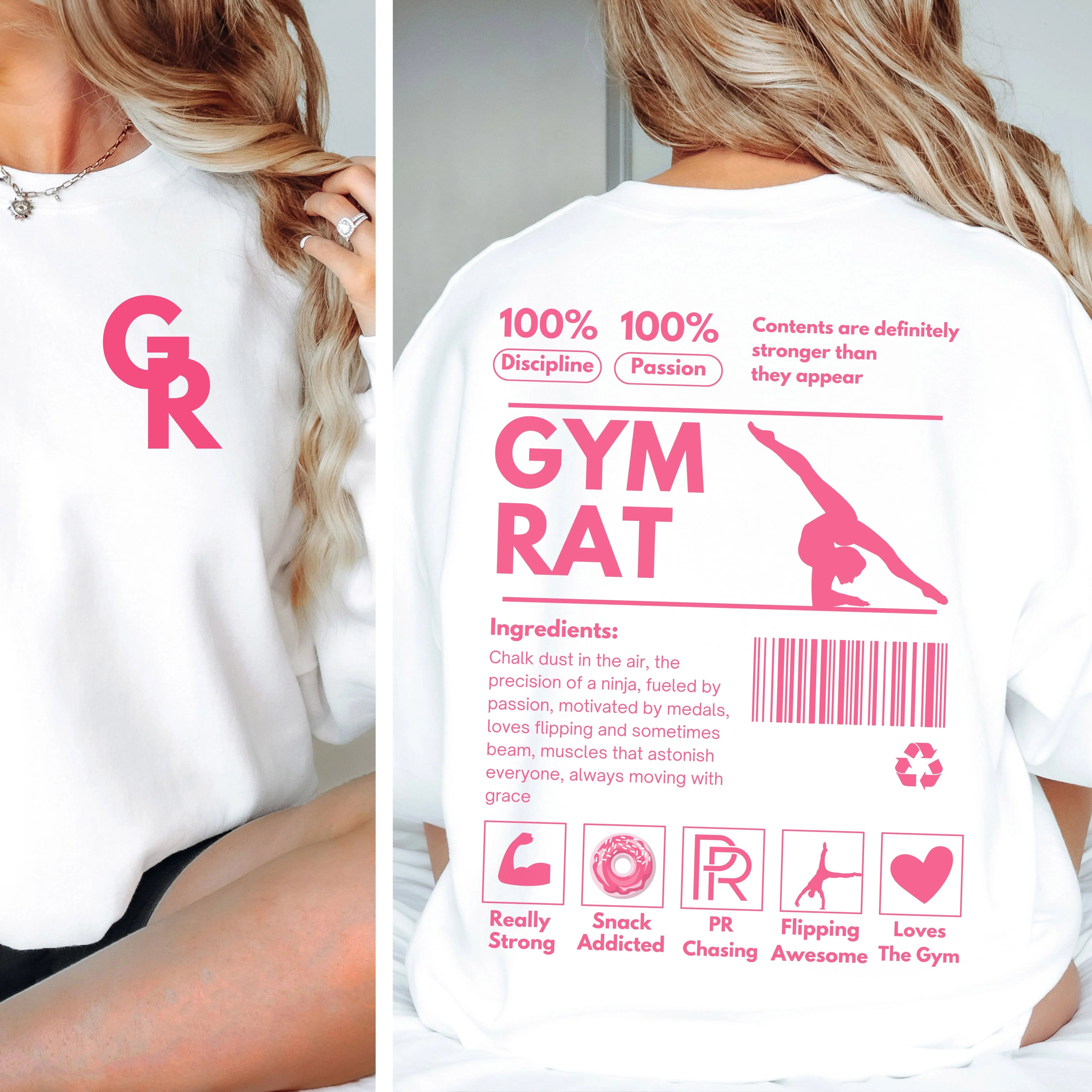 White t-shirt with pink text and graphics on the back, worn by a person.