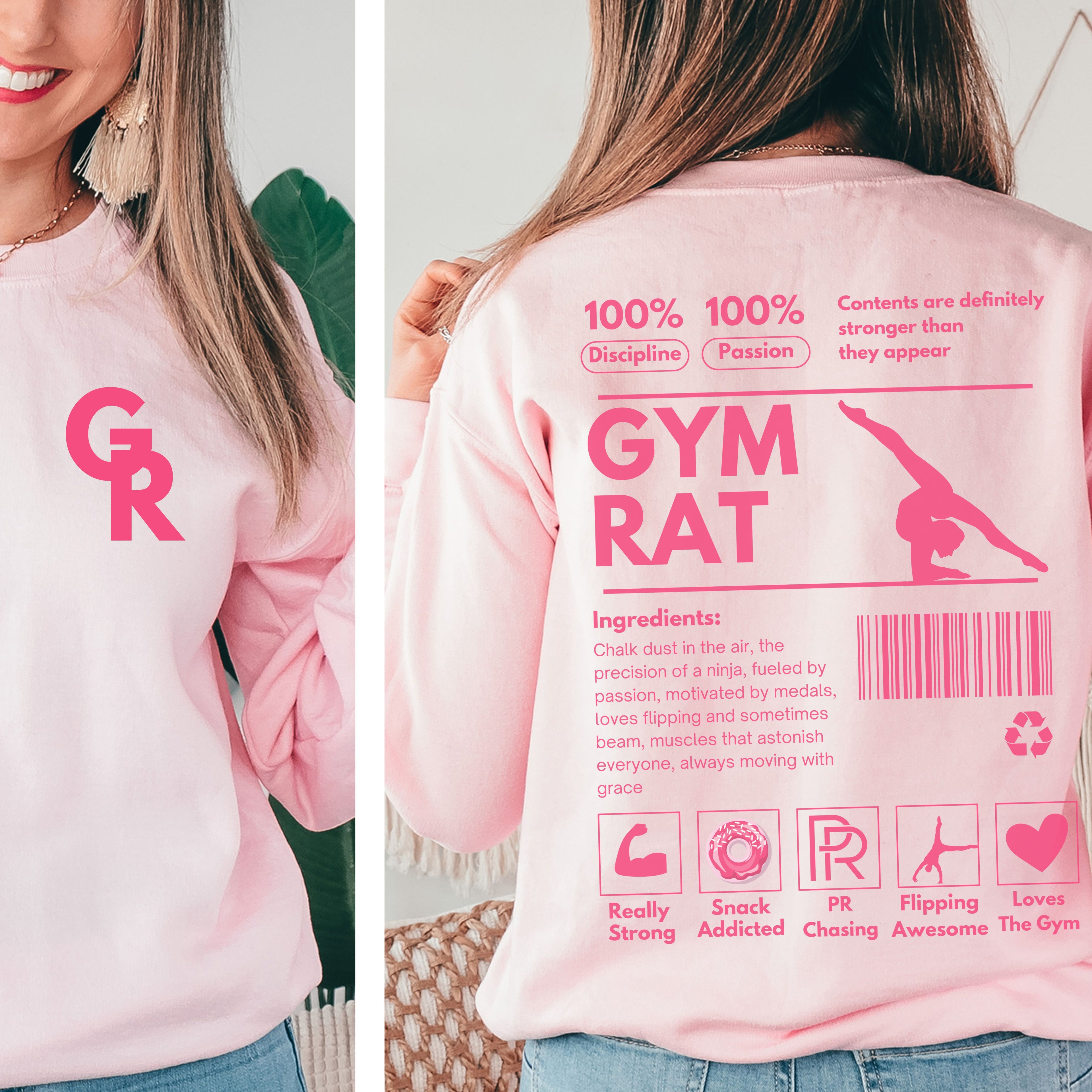 Pink sweatshirt with 'GYM RAT' design on the back, worn by a person.