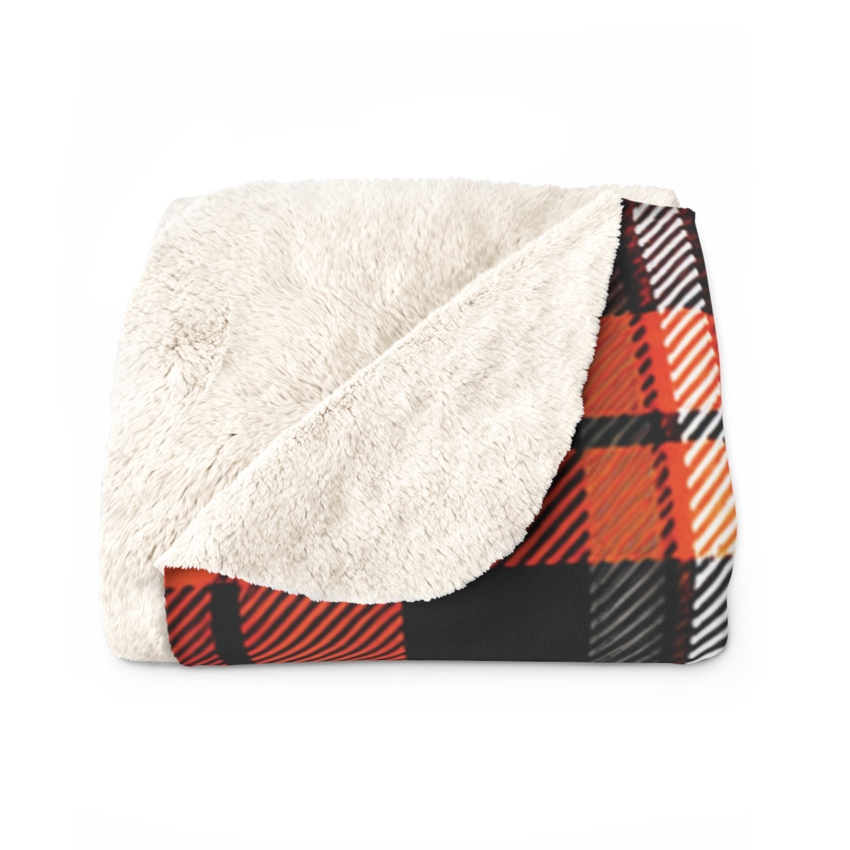 A folded fleece blanket with a plush cream sherpa backing and a orange, black, and white plaid patterned front, shown on a solid white background.