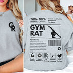 Gray sweatshirt with 'GYM RAT' graphic and text on the back, worn by a person.
