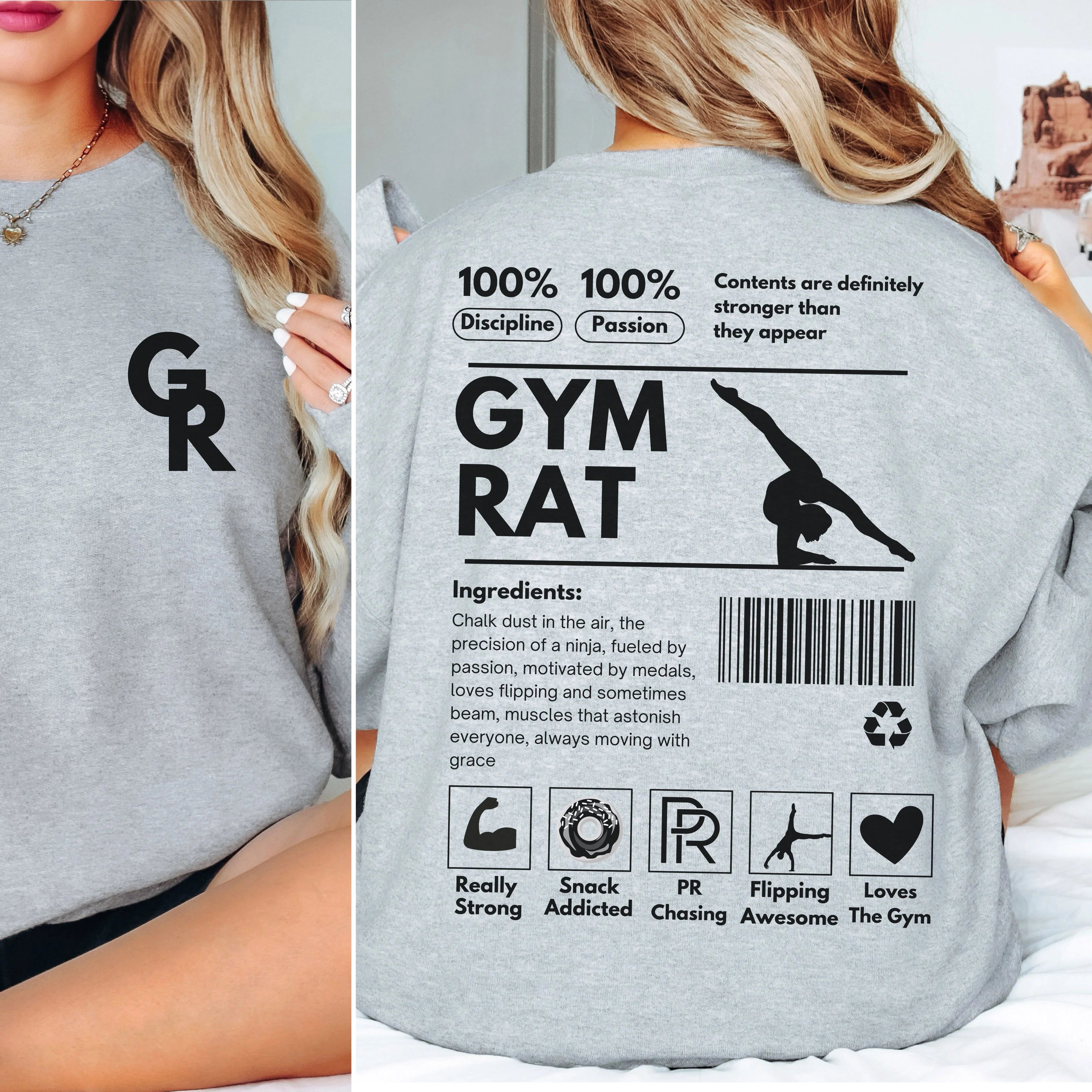 Gray sweatshirt with 'GYM RAT' graphic and text on the back, worn by a person.
