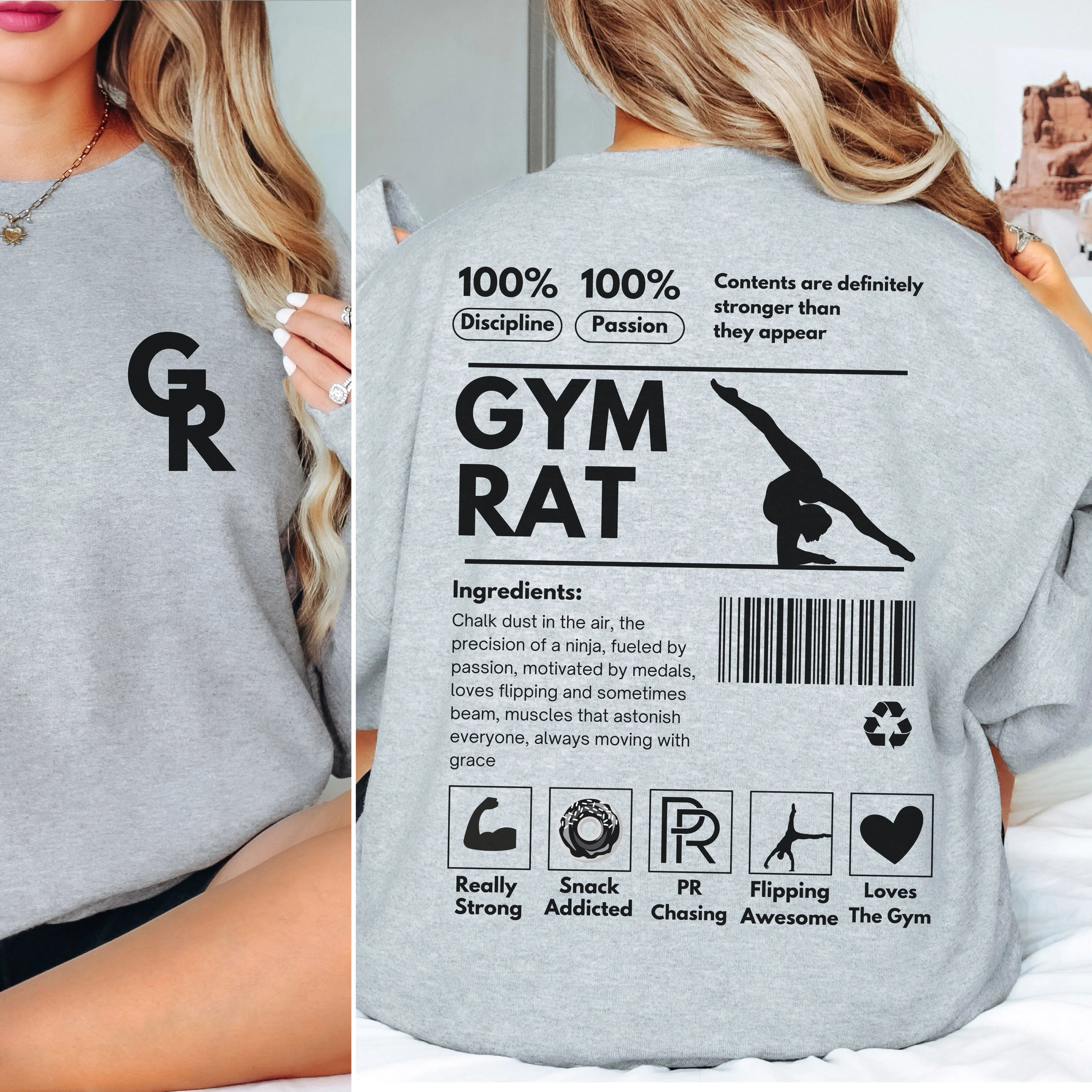 Gray sweatshirt with 'GYM RAT' graphic and text on the back, worn by a person.