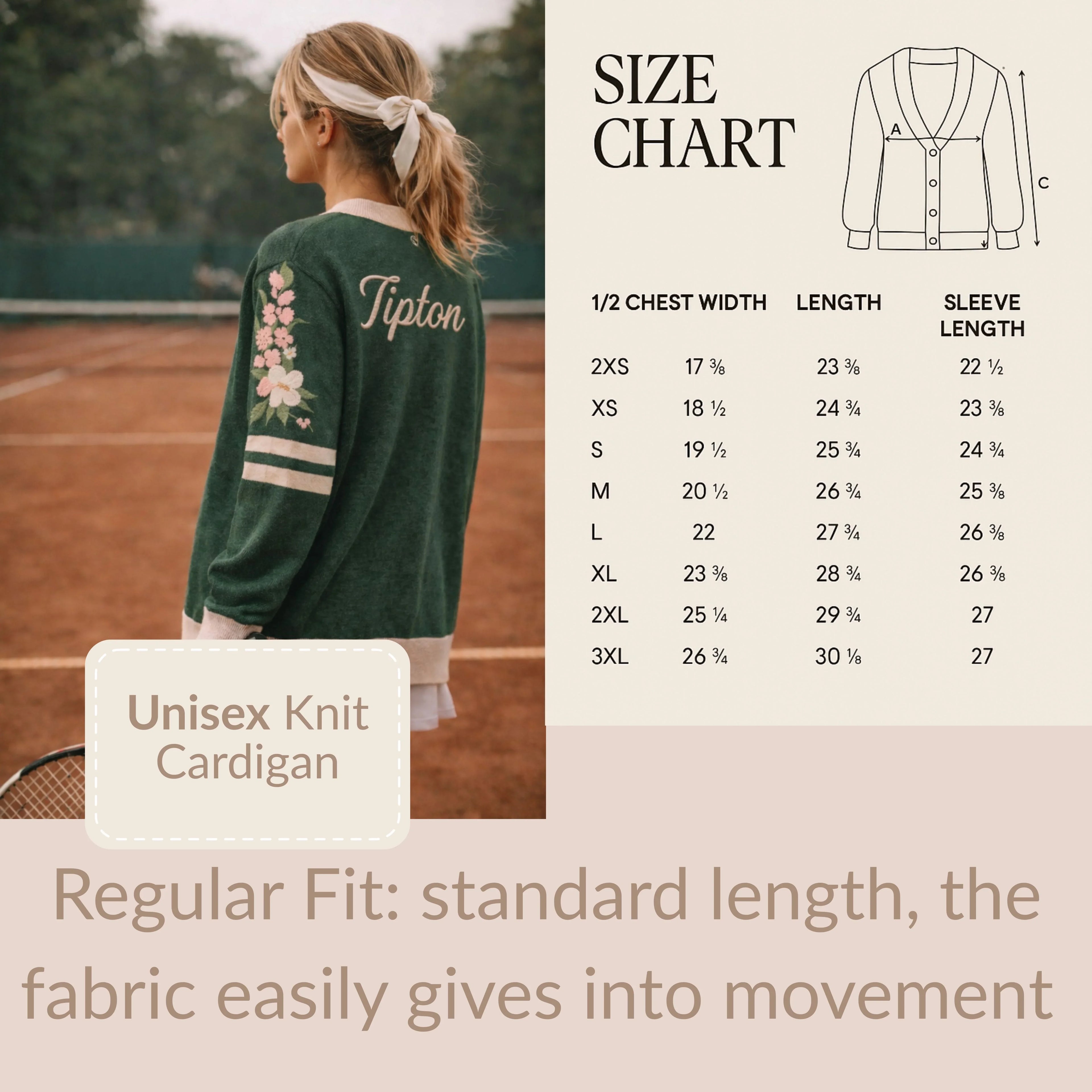 Woman wearing green unisex knit cardigan with floral design and size chart, tennis court setting