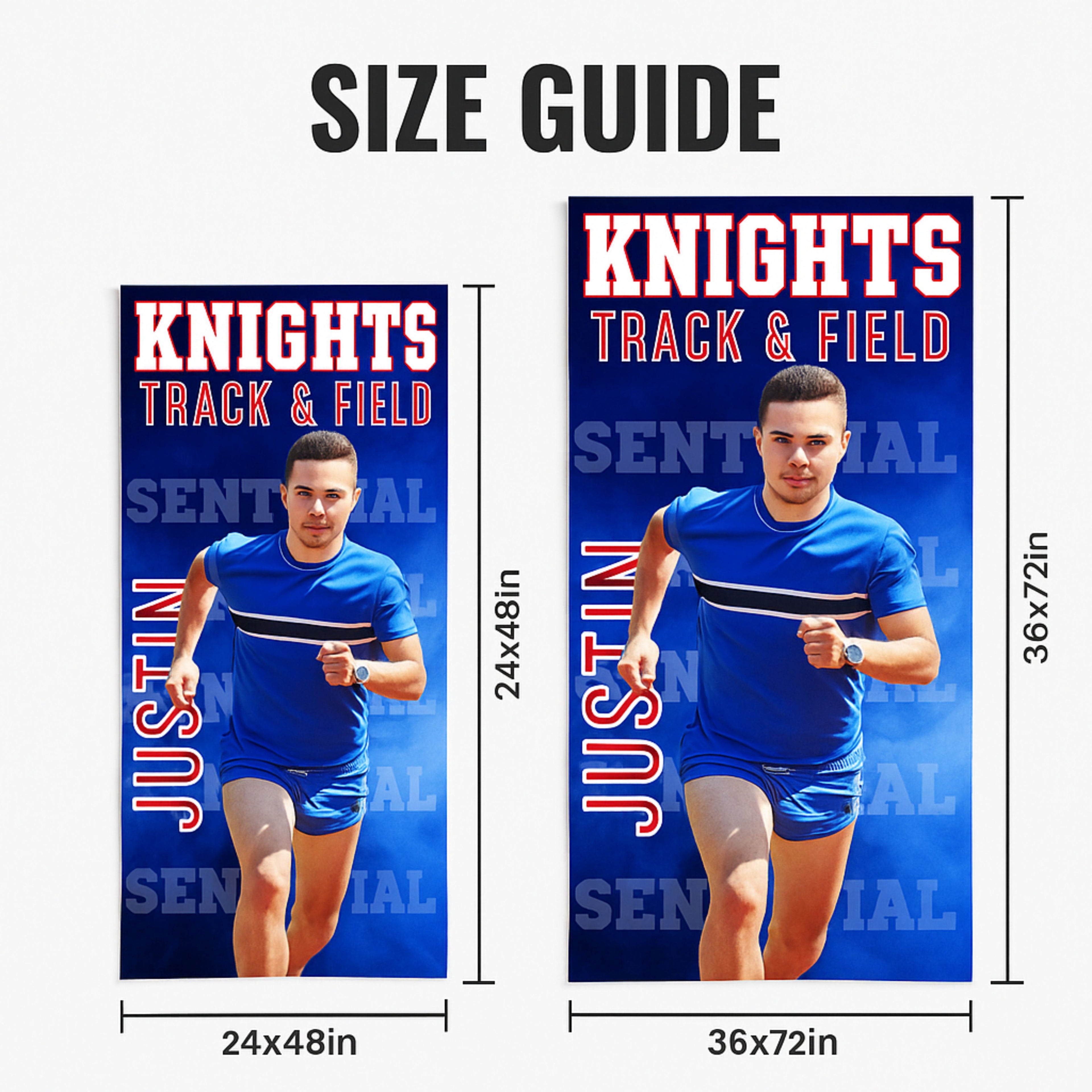 Size guide for 'Knights Track & Field' banner with dimensions and a person in athletic gear.