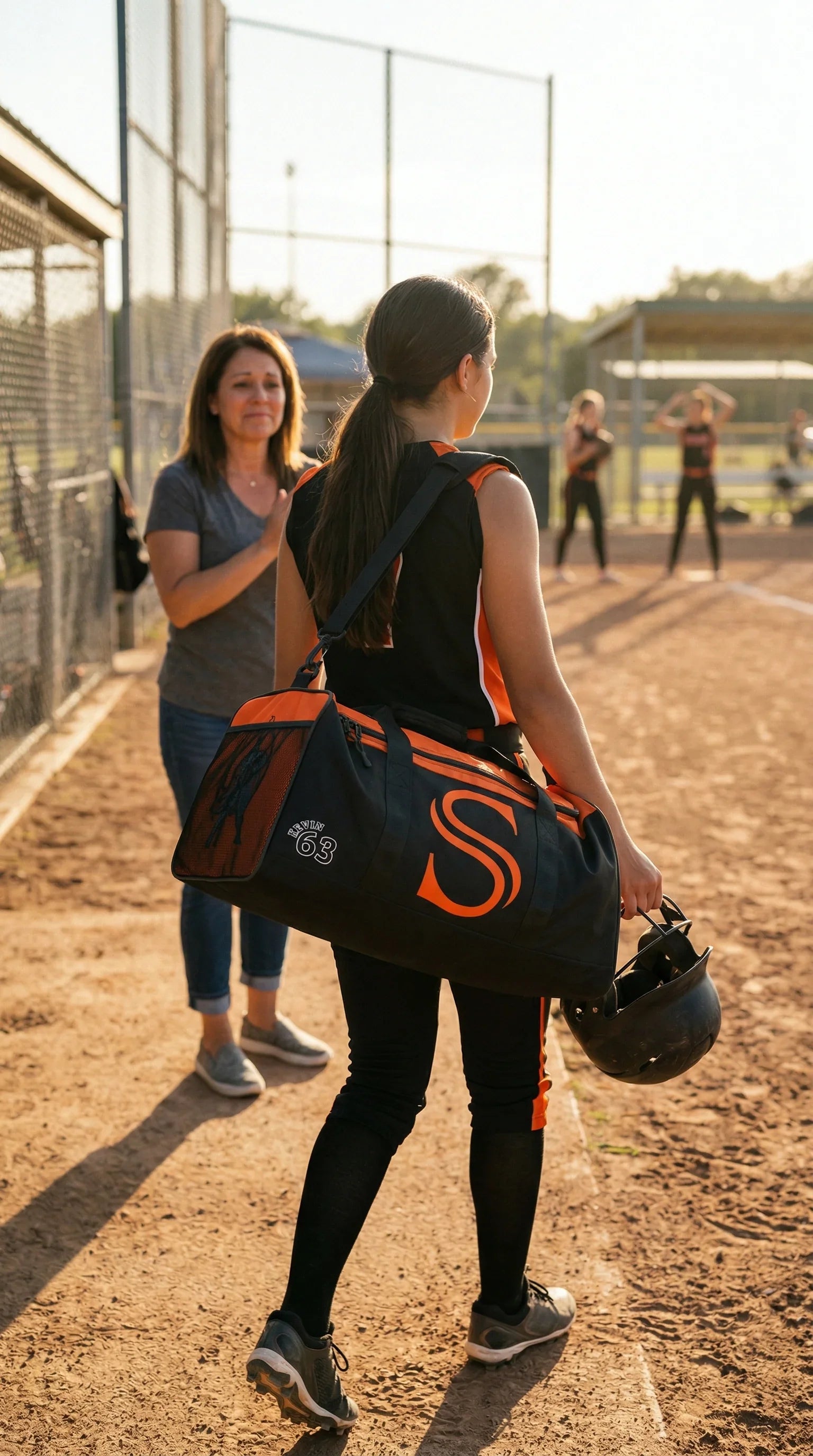Woman walking on a baseball field with a sports bag and helmet, with another person in the background.