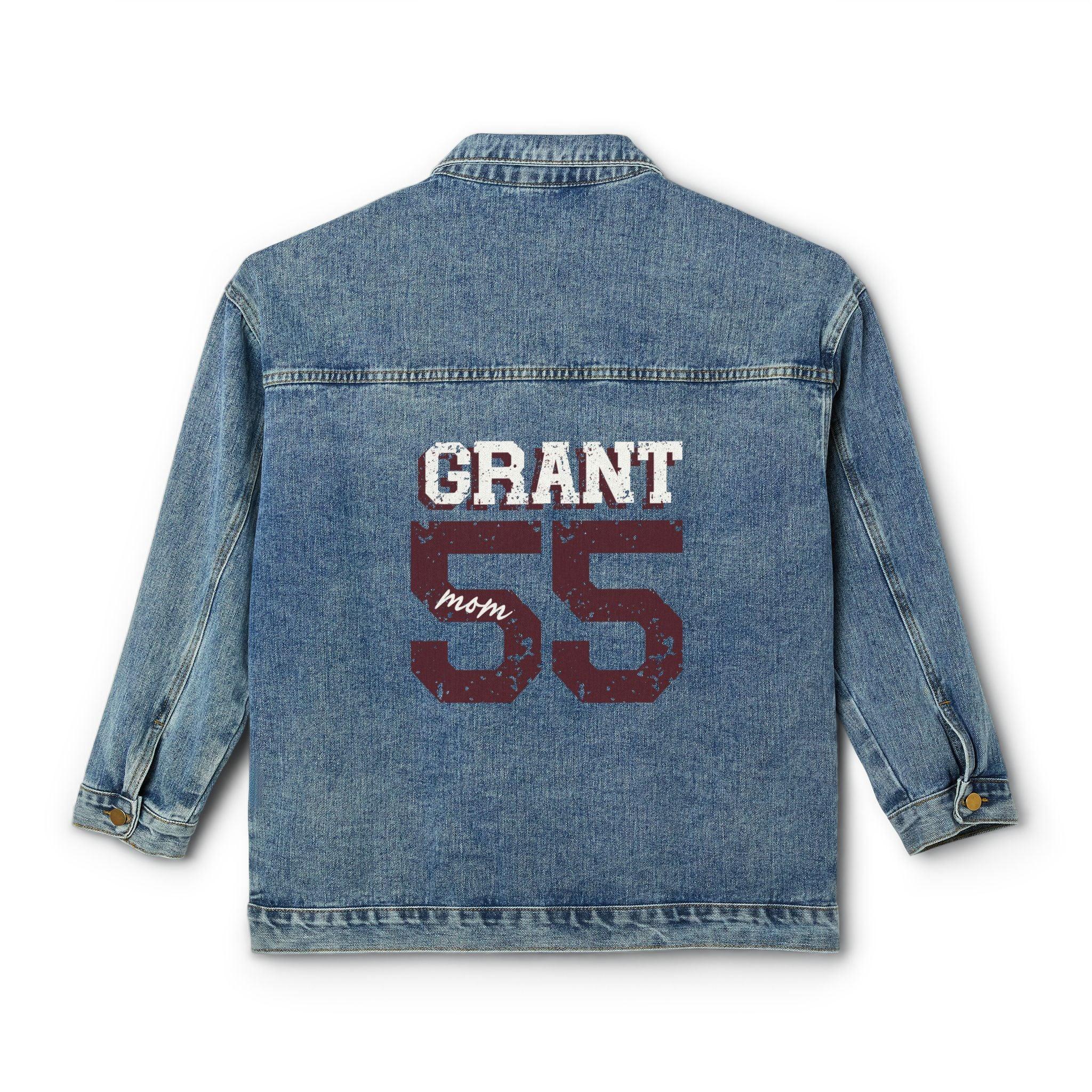 Blue denim jacket with 'GRANT 55' printed on the back against a white background