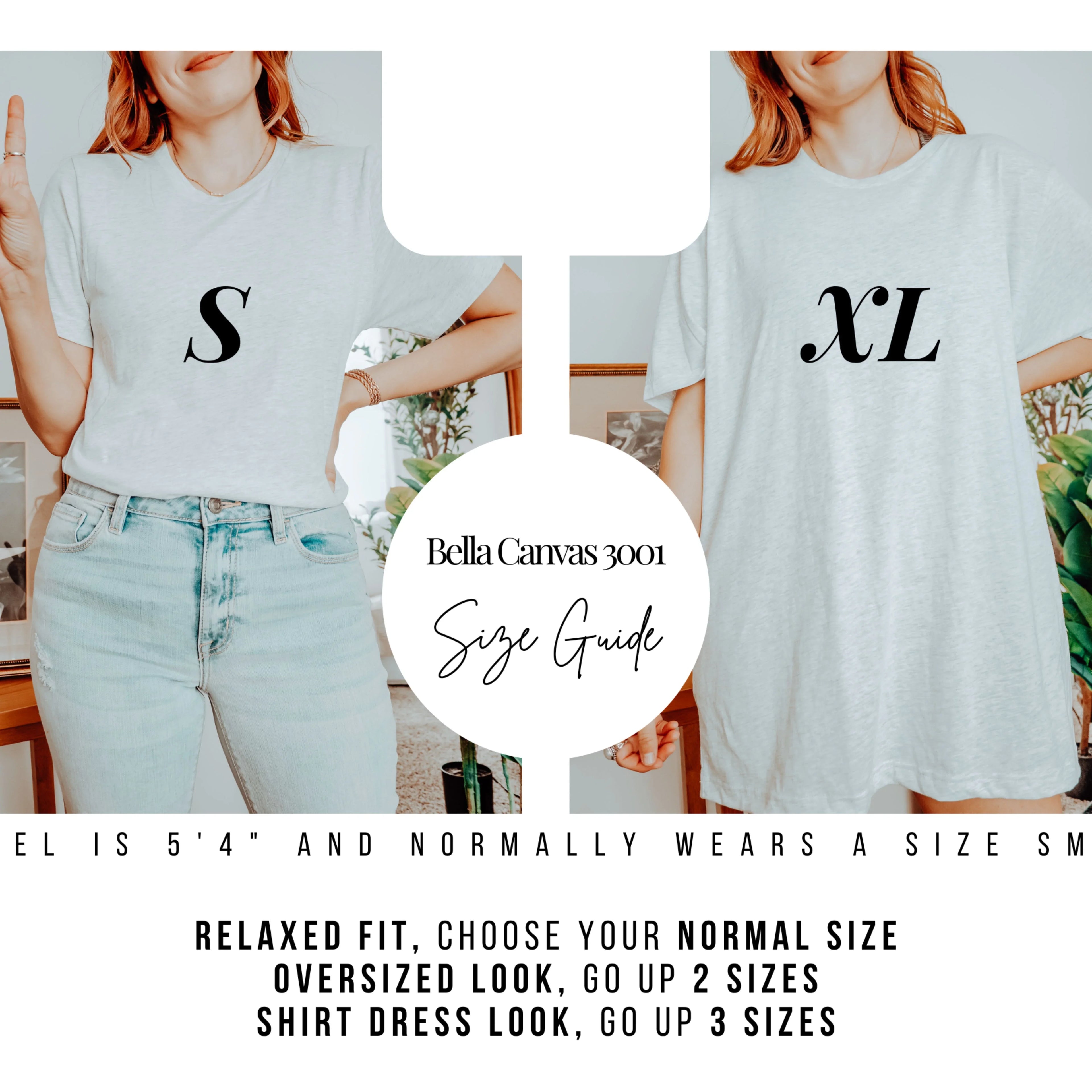 Size guide for a white t-shirt with 'S' and 'XL' labels, worn by a person.