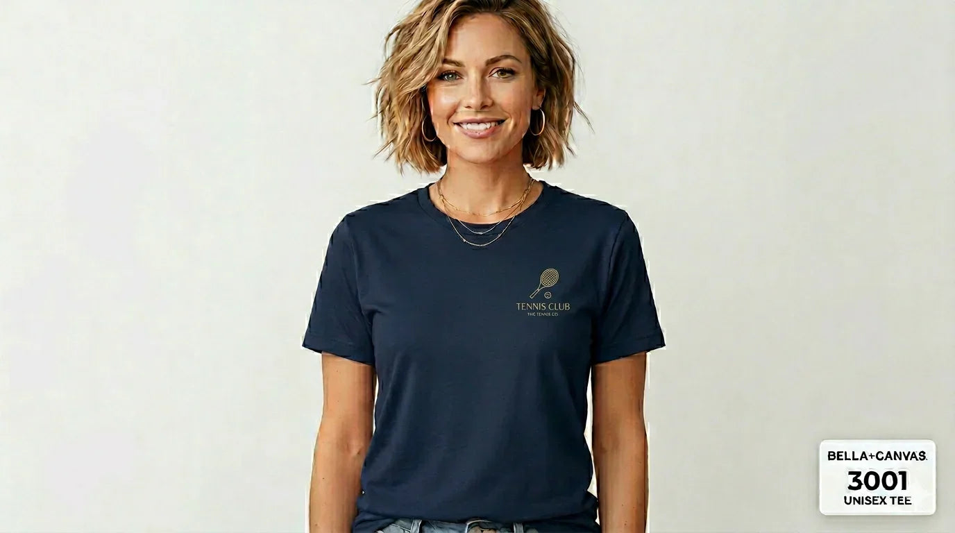 Woman wearing a navy blue t-shirt with a logo on a light gray background