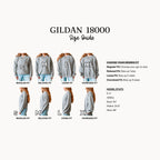Gildan 18000 size guide with models wearing sweatshirts in various fits.