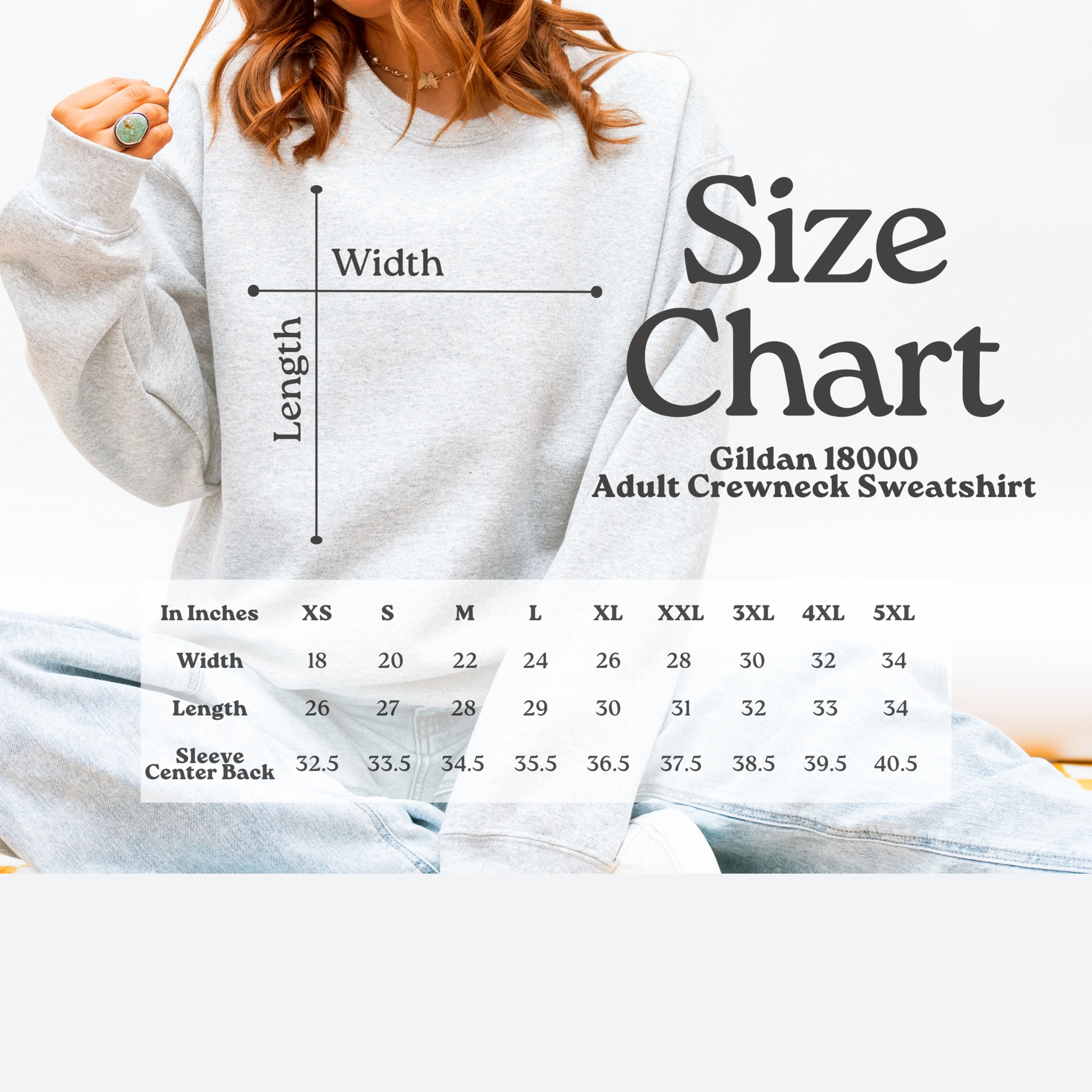 Gildan 18000 Adult Crewneck Sweatshirt size chart on a white background