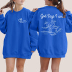 Royal Blue Swimmer sweatshirt with God Says I am across the back in white text and swimmer line art graphic with faith based text. On the front a heart and cross intertwined with water lines