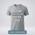 Gray t-shirt with 'Your Design Here' text on a light gray background