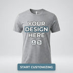 Gray t-shirt with 'Your Design Here' text on a light gray background