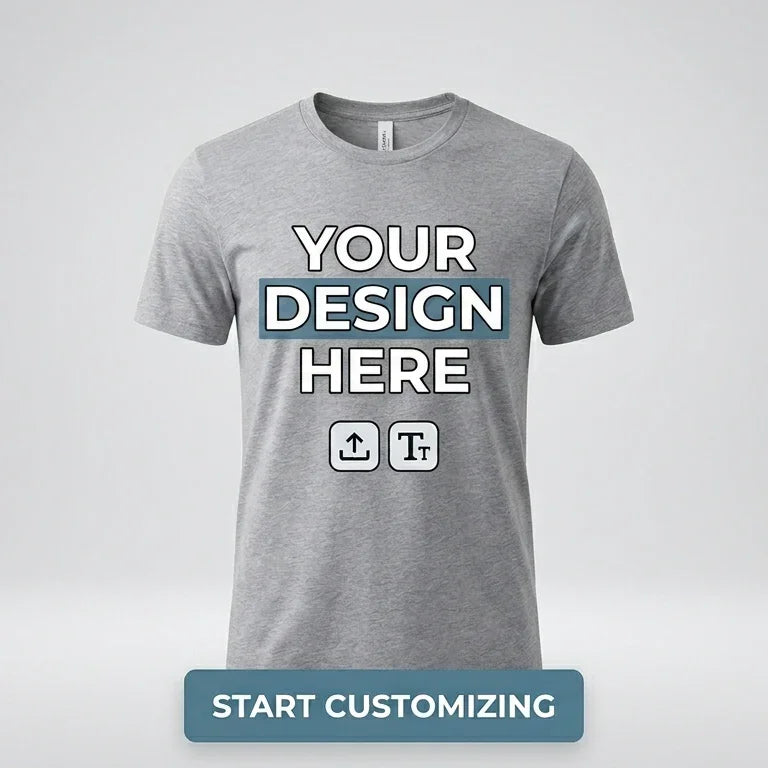 Gray t-shirt with 'Your Design Here' text on a light gray background
