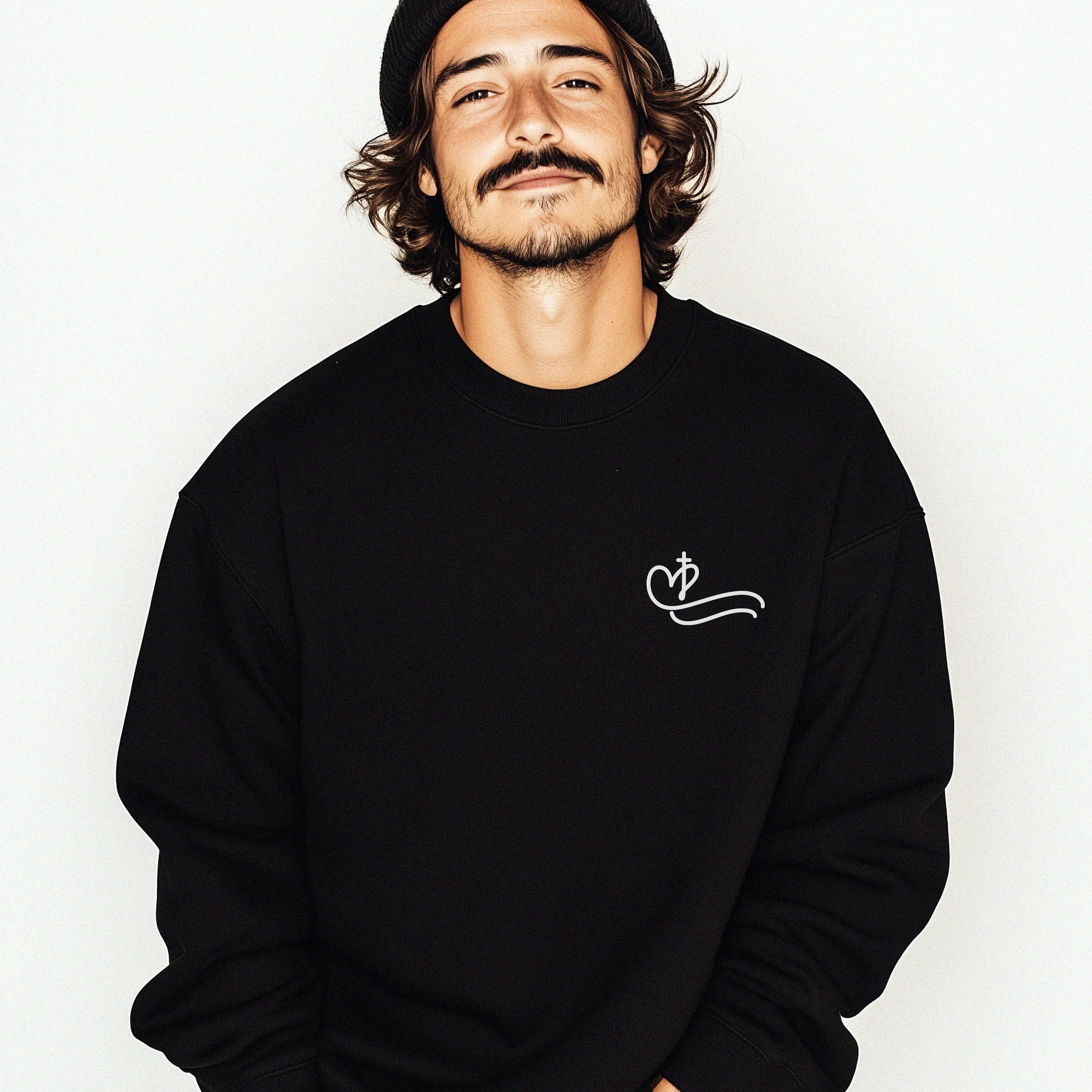 Man wearing a black sweatshirt with a white faith and swim Christian Faith based