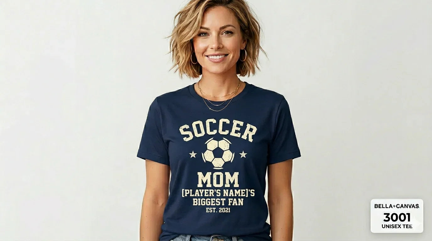 Woman wearing a navy blue t-shirt with 'Soccer Mom' text and soccer ball graphic on a light gray background.