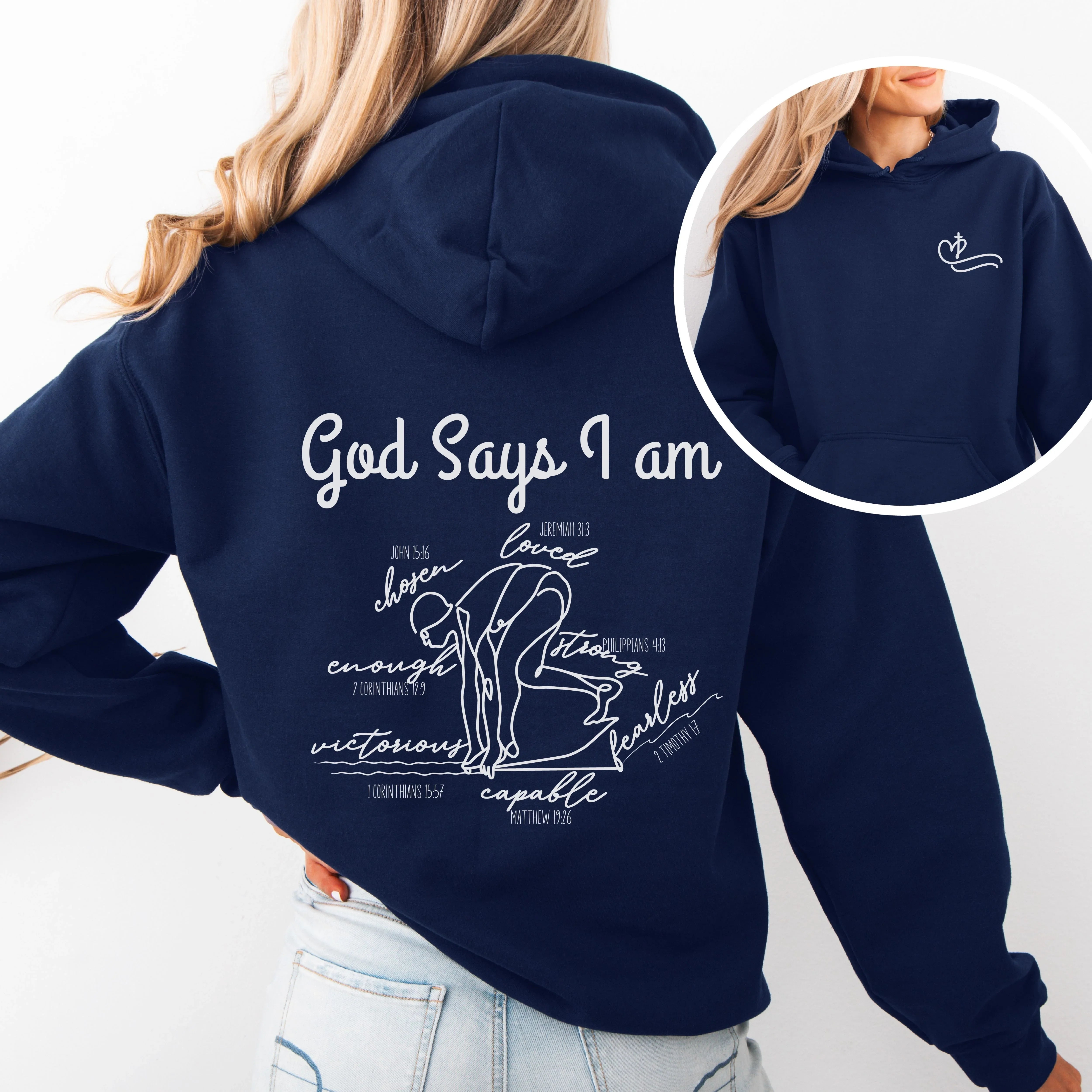 Person wearing a royal blue hoodie with God Says I am Faith based text and swimmer 