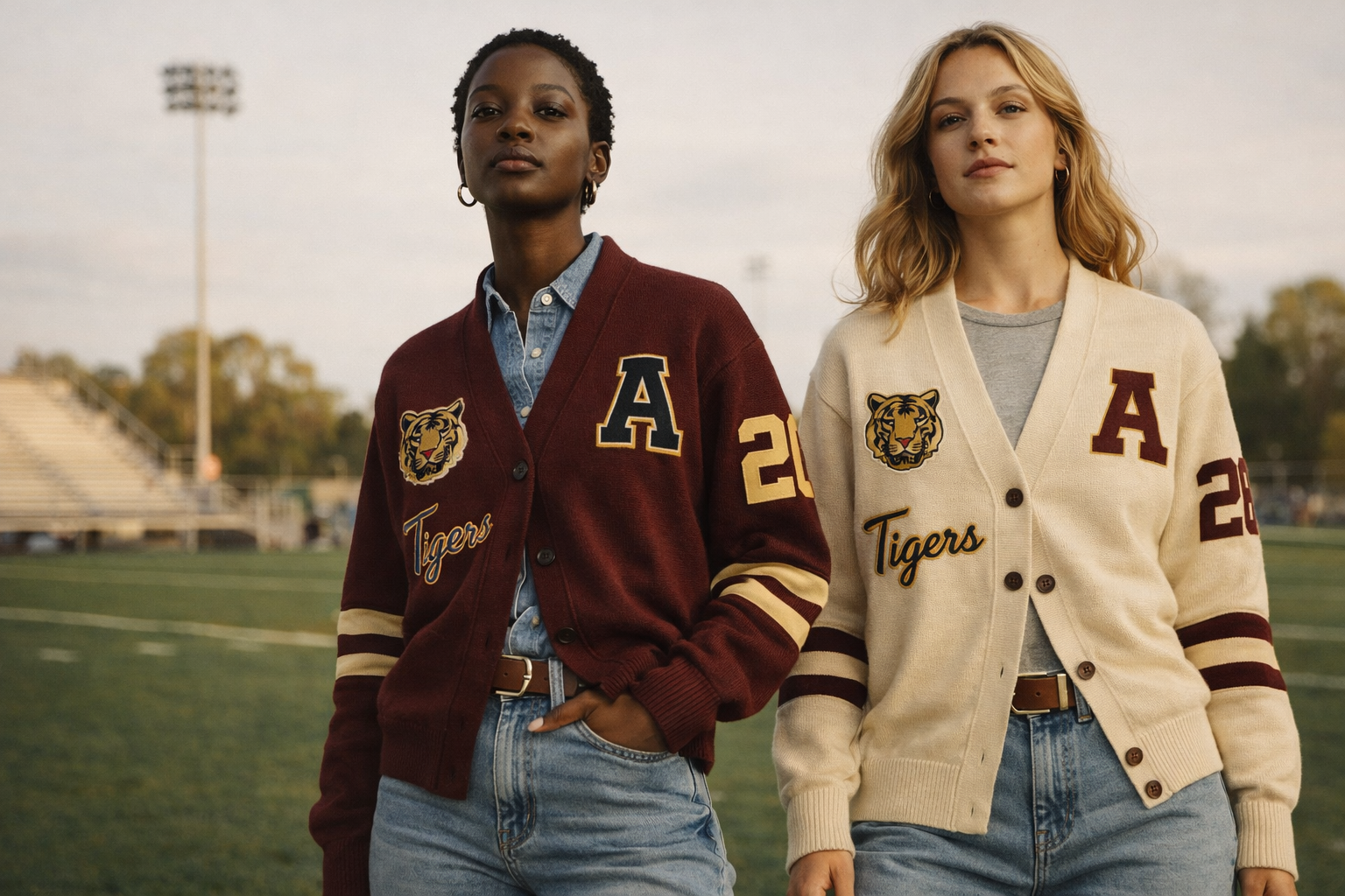 Two women wearing varsity cardigans with tiger mascot and letter A on a sports field