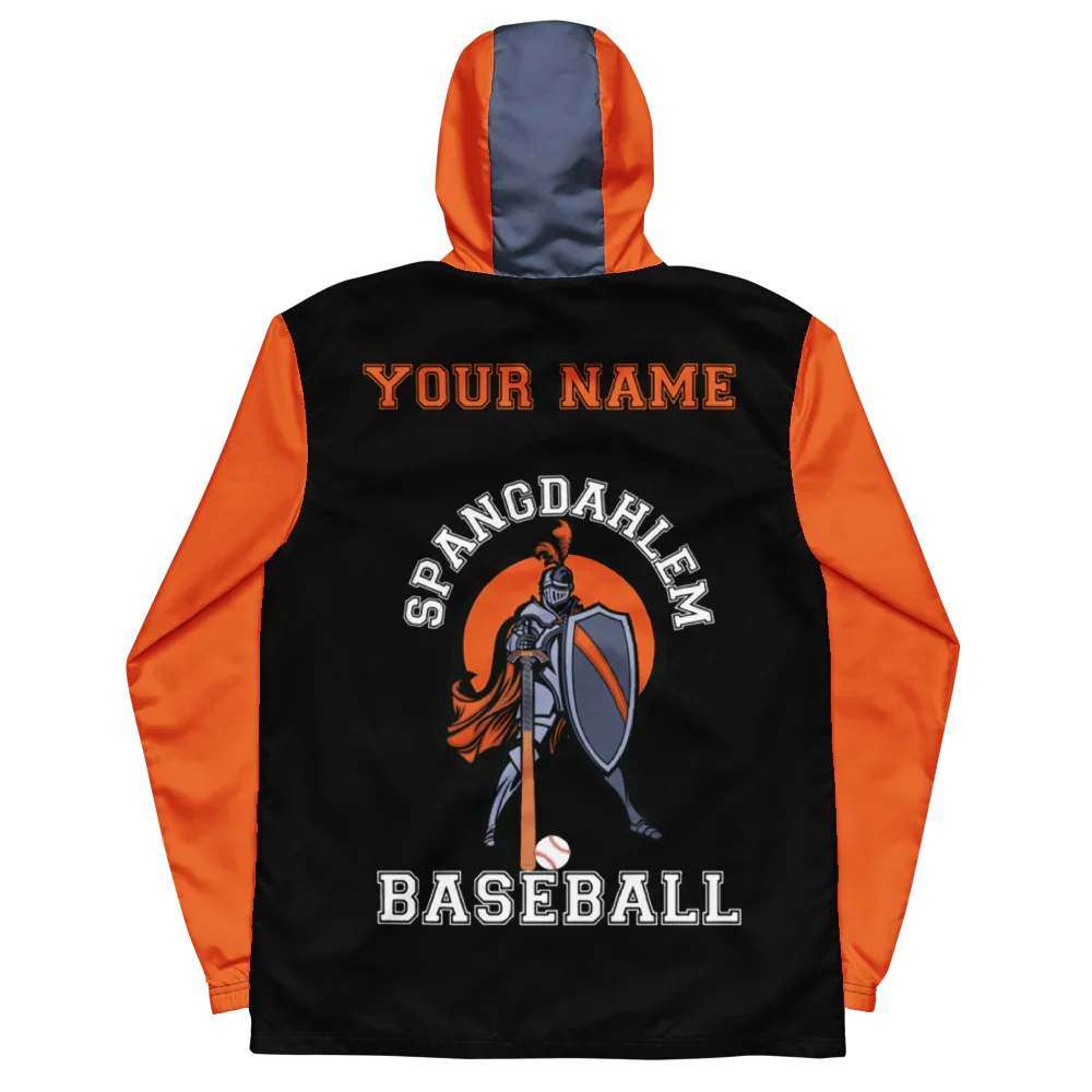 Black and orange jacket with 'Spangdahlem Baseball' design on a white background