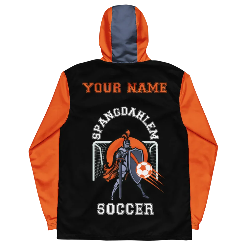Black and orange jacket with 'Spangdahlem Soccer' design on the back