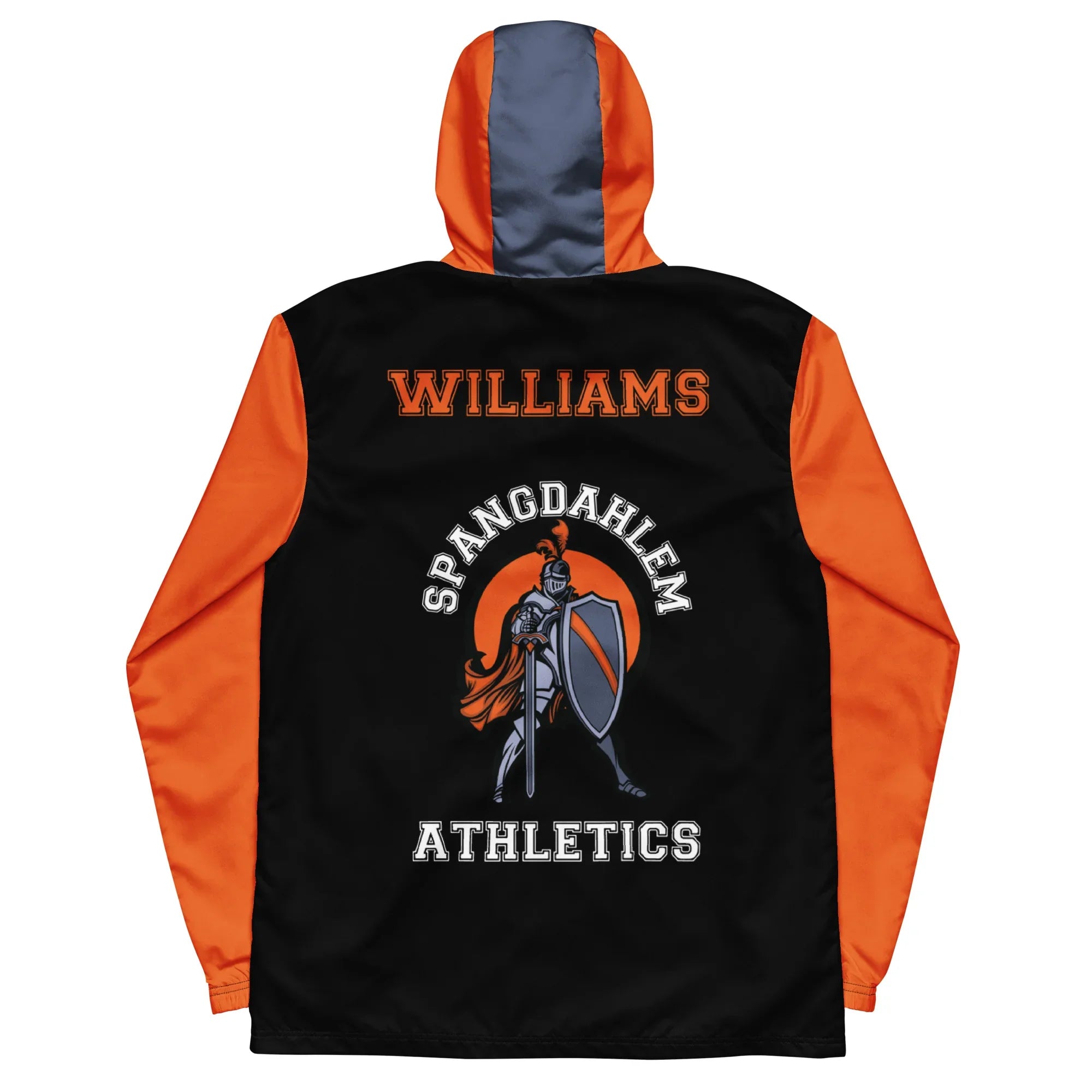 Black and orange jacket with 'Williams Spangdahlem Athletics' design on a white background