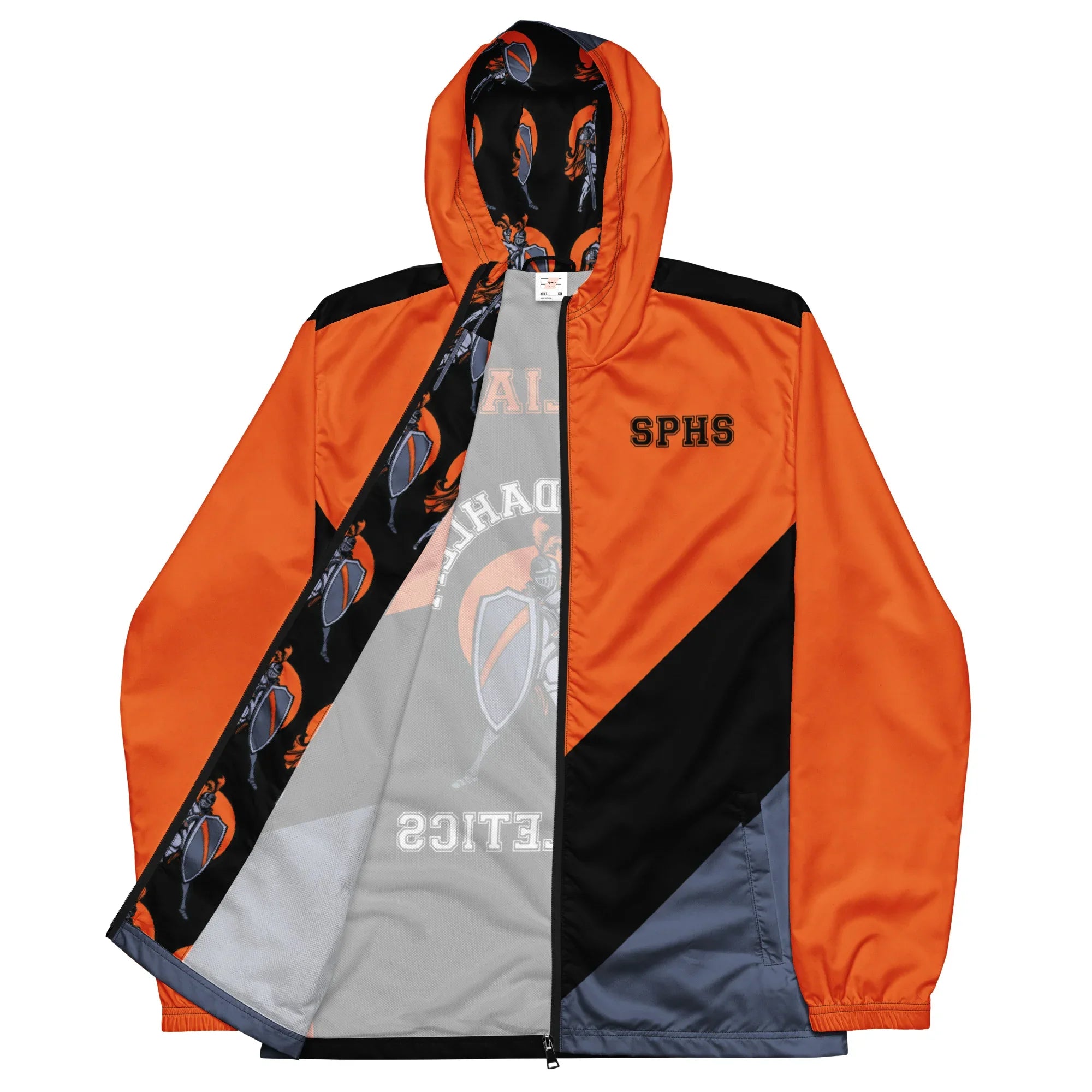 Orange and black jacket with visible branding on a white background