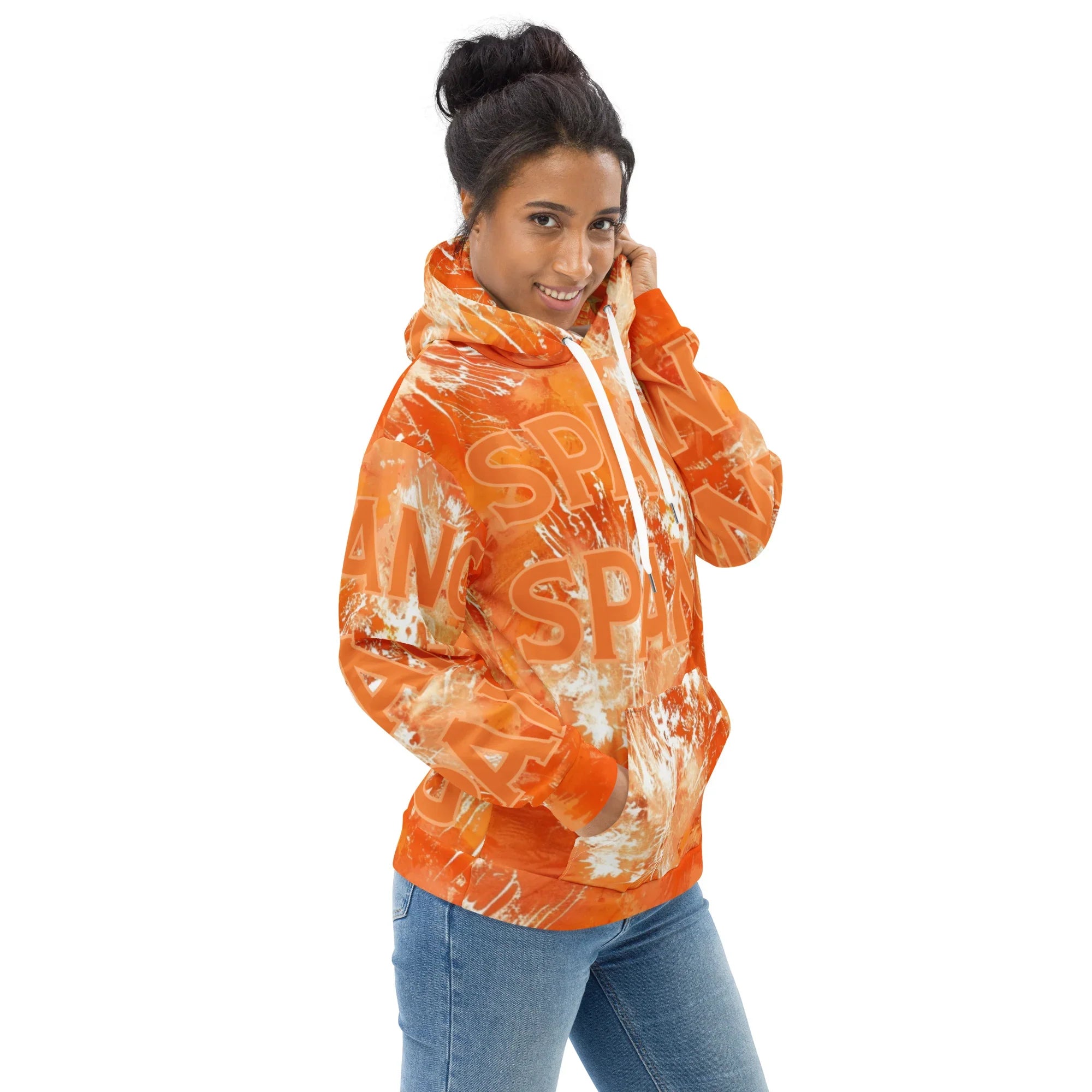 Person wearing an orange tie-dye hoodie with 'Super' text on a white background