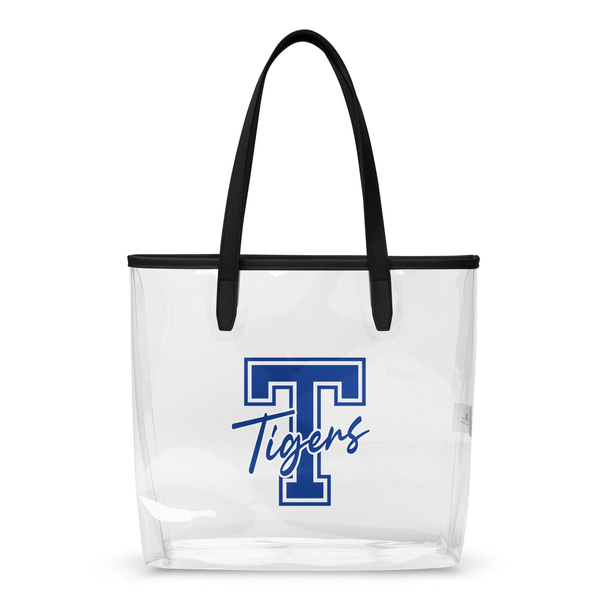Clear tote bag with black handle and blue 'Tigers' logo on a white background