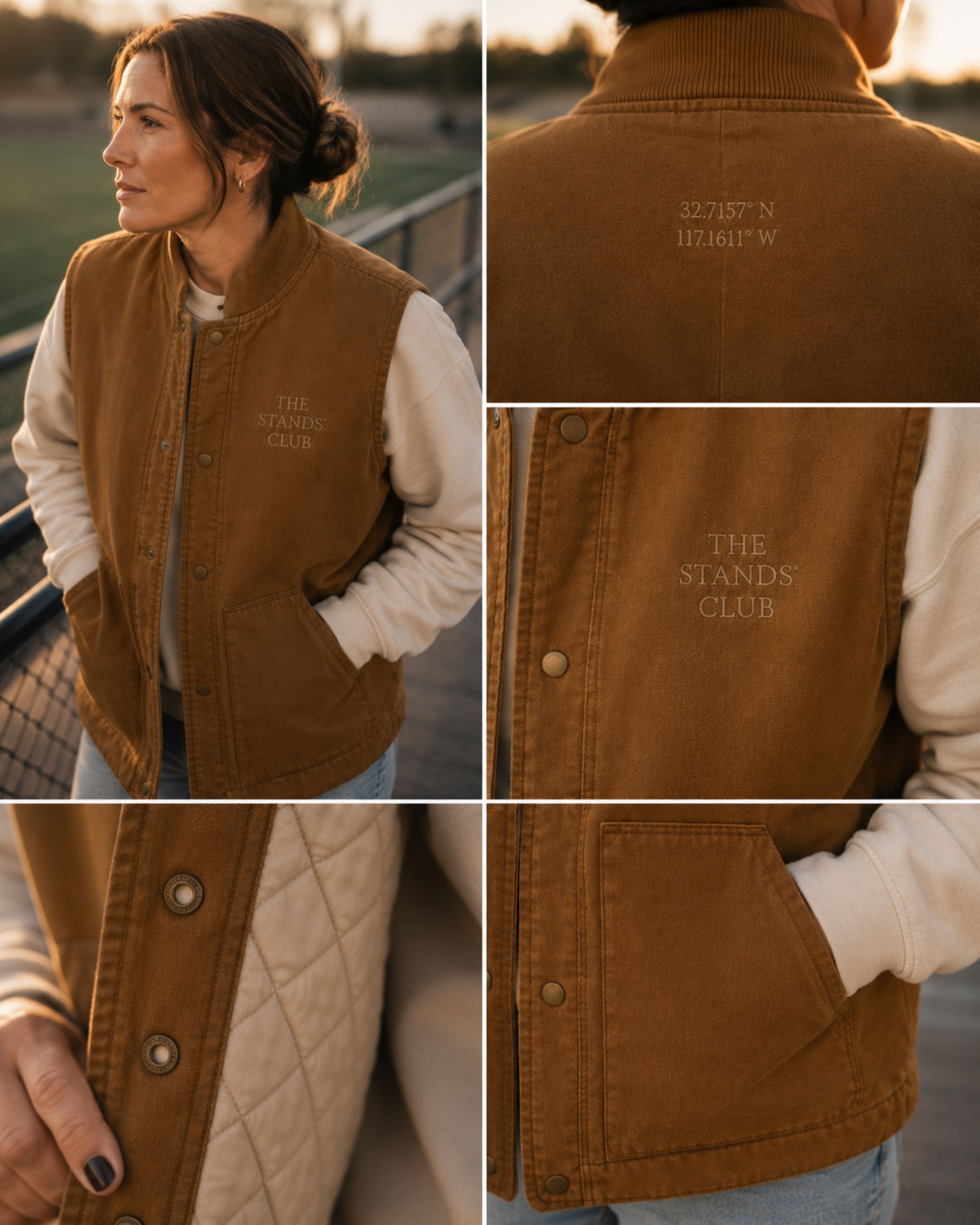 A four-panel collage showing a woman wearing a brown corduroy-style varsity-style vest over a cream long-sleeve shirt and light blue jeans, with close-up views of the front, back, and pocket details. The vest has tonal embroidered text reading 'THE STANDS CLUB' and small coordinates on the back.