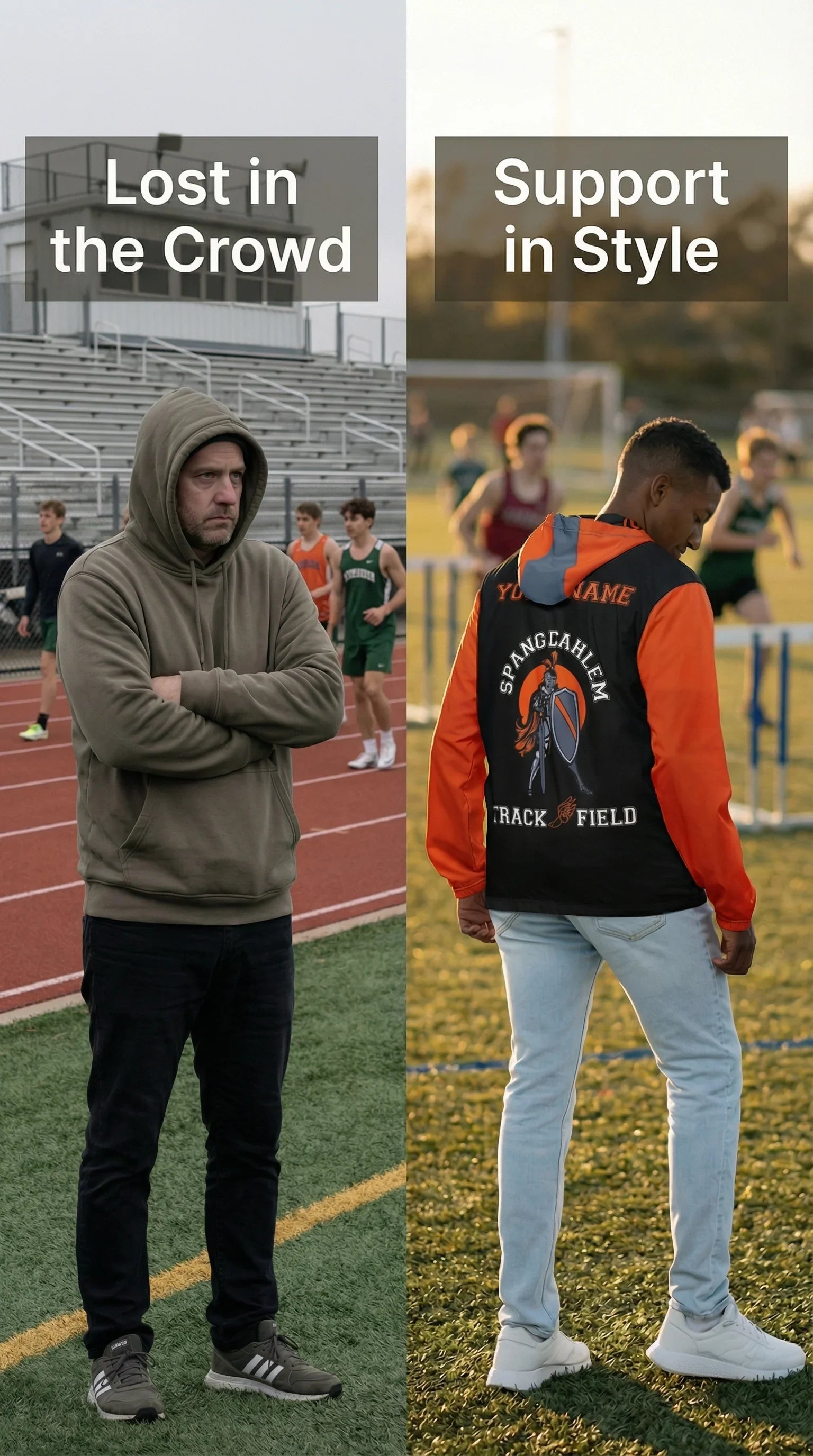 Two men on a track field, one lost in the crowd and one standing out with a branded jacket.