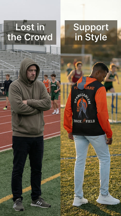 Two men on a track field, one lost in the crowd and one standing out with a branded jacket.