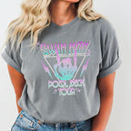 Person wearing a gray t-shirt with 'Swim Mom Pool Deck Tour' design.