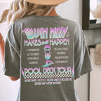 Person wearing a t-shirt with 'Swim Mom' text and graphics on the back.