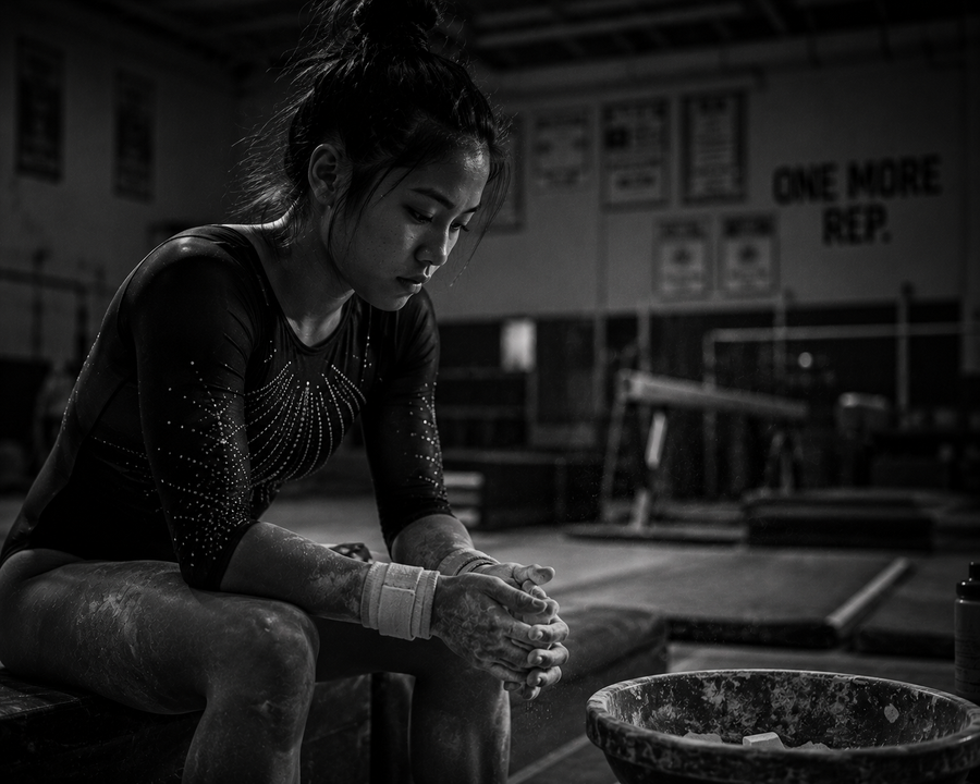 Gymnast preparing for practice in a dark gym with 'One More Rep.' motivational poster.