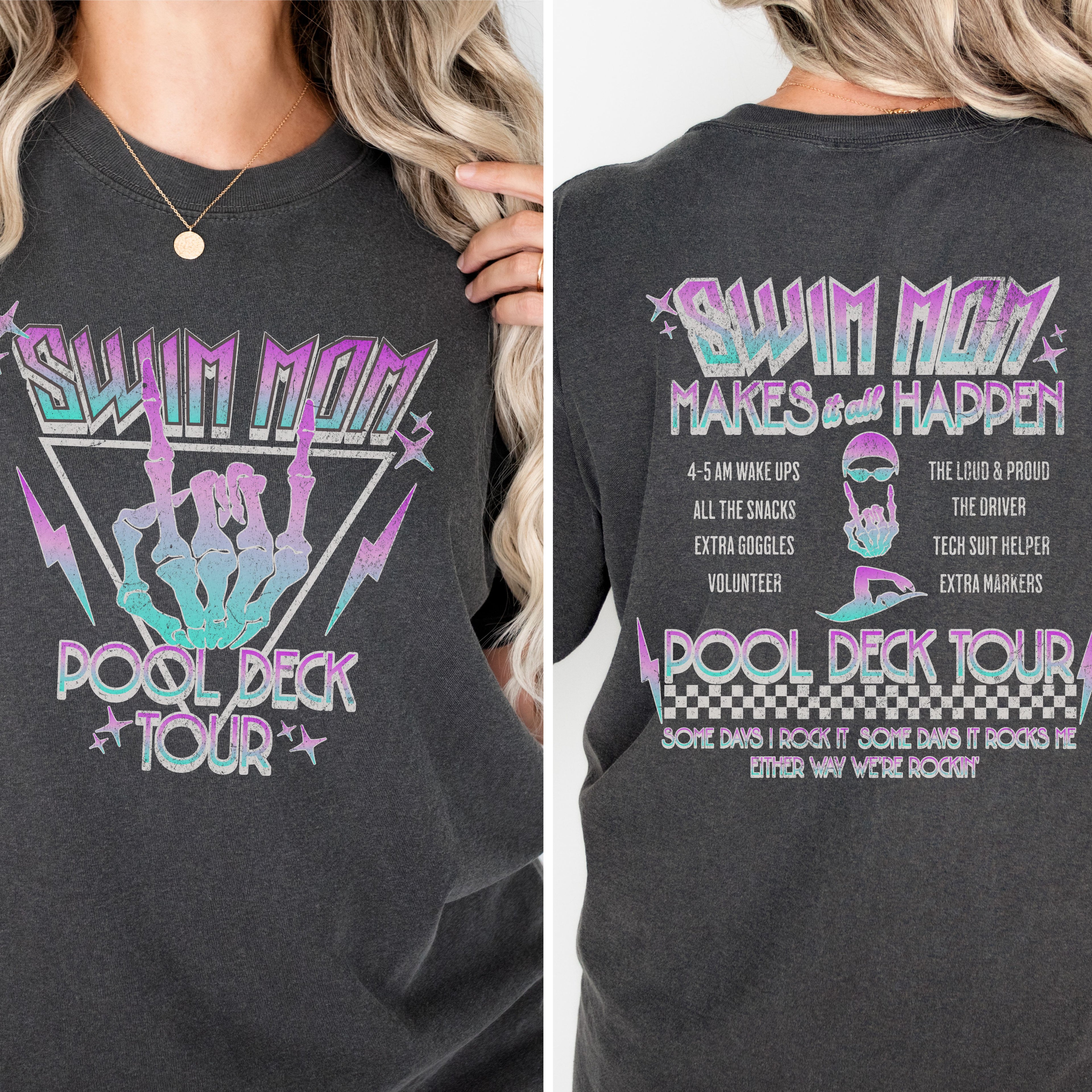 Black t-shirt with 'Swim Mom' and 'Pool Deck Tour' text and graphics on a white background.