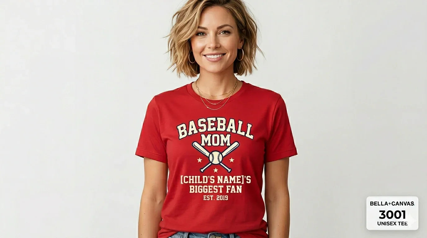 Woman wearing a red 'Baseball Mom' t-shirt with customizable text on a white background