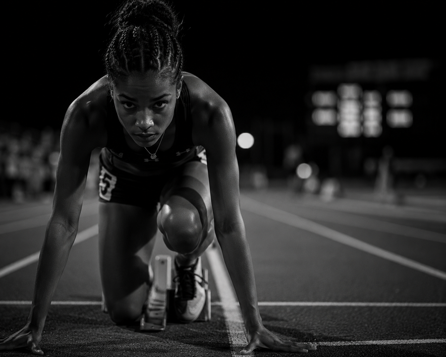 Athlete at the starting block on a track at night